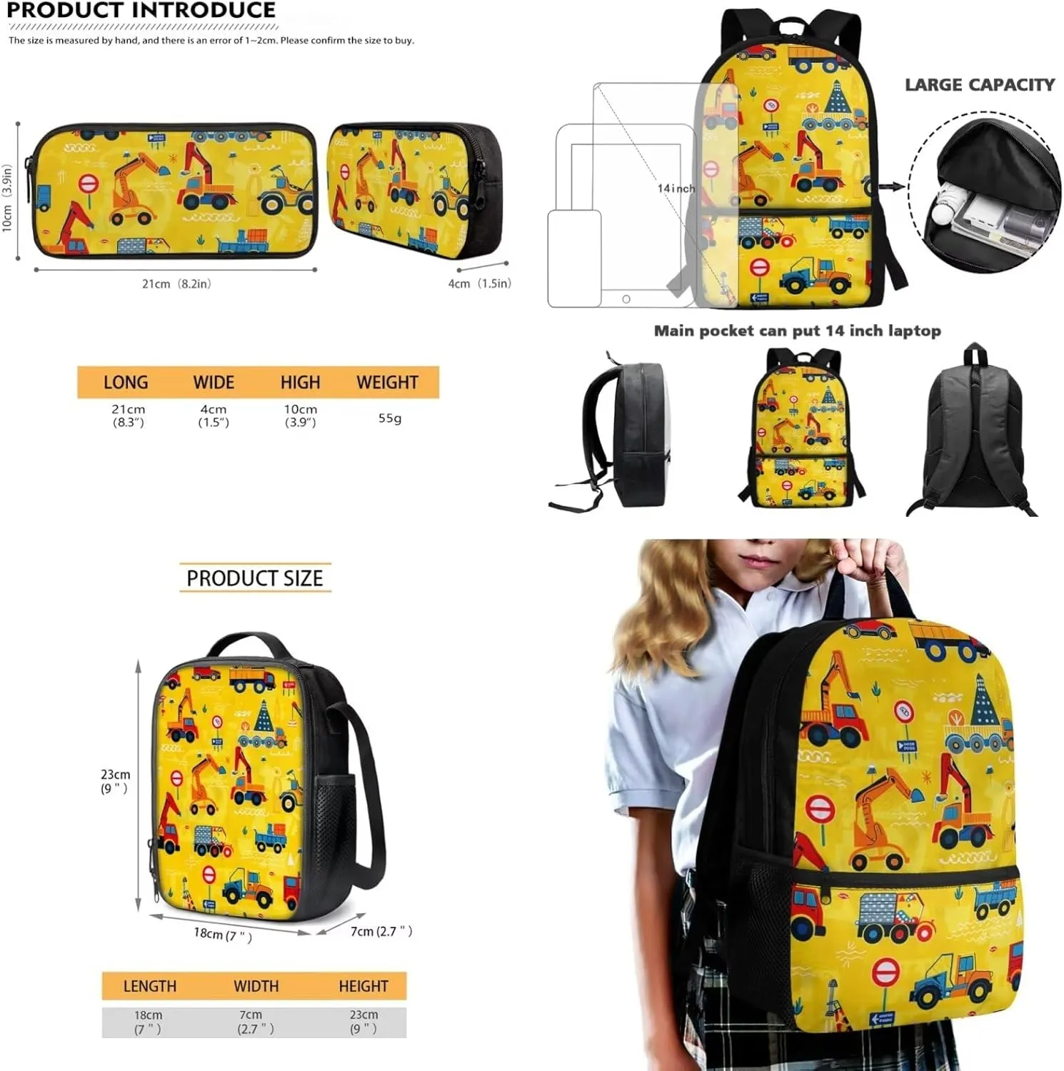Lotusorchid Excavator Kids Backpack Cartoon for School, Kids School Bag with Lunch Bag Pencil Case, Comfy Bookbag with External Pocket, Kids 3 Pack Backpack Set for Elementary Junior School, Yellow