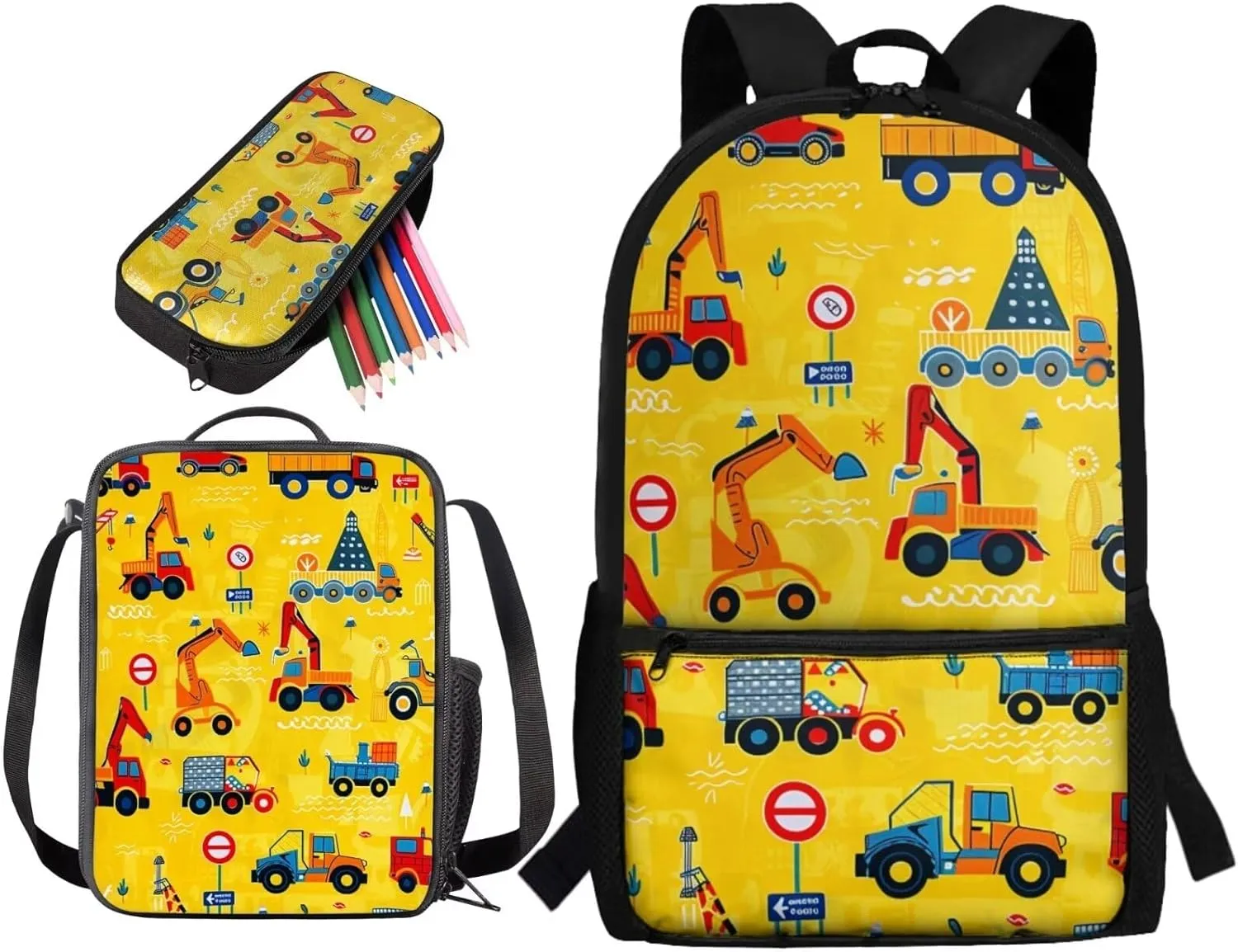 Lotusorchid Excavator Kids Backpack Cartoon for School, Kids School Bag with Lunch Bag Pencil Case, Comfy Bookbag with External Pocket, Kids 3 Pack Backpack Set for Elementary Junior School, Yellow