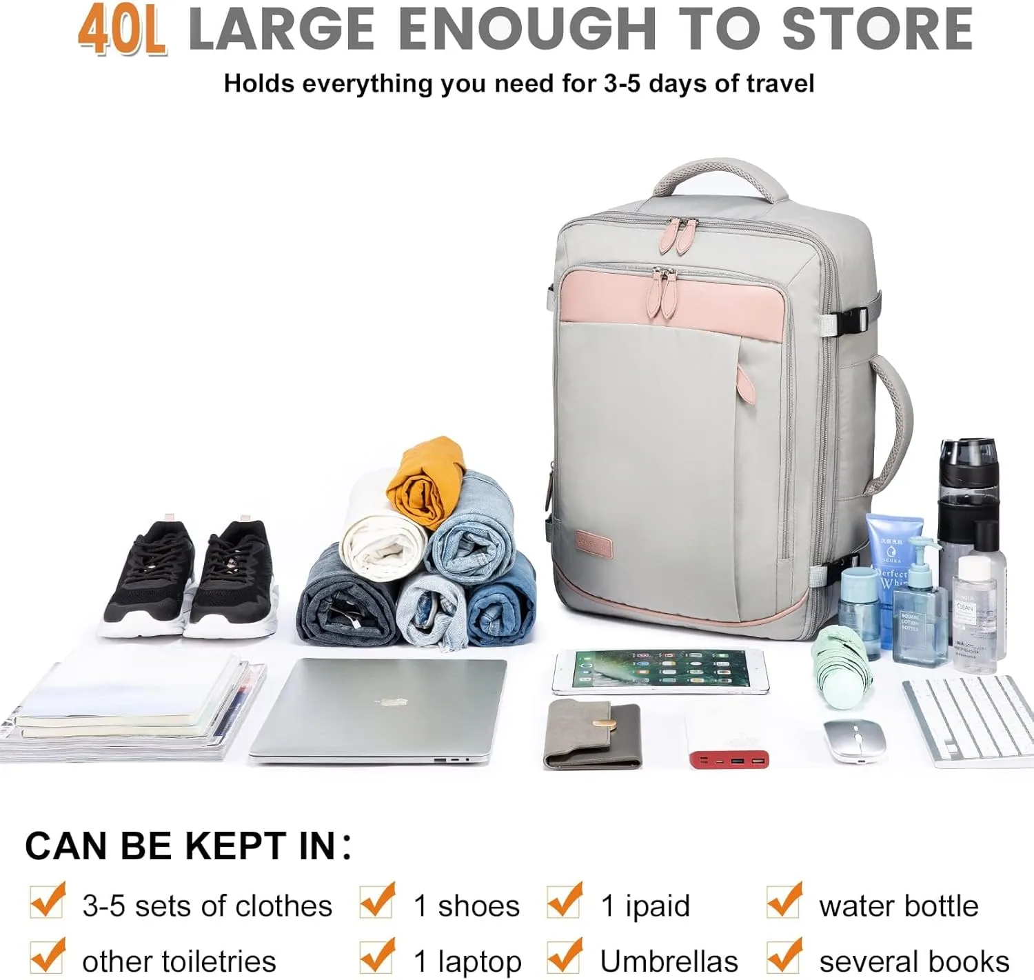 LOVEVOOK Carry on Backpack, 40L Travel Backpack for Women Men Airline Approved, Expandable Large Suitcase Backpacks With 4 Packing Cubes, Aer Travel Pack 3, Water Resistant Weekender Bag