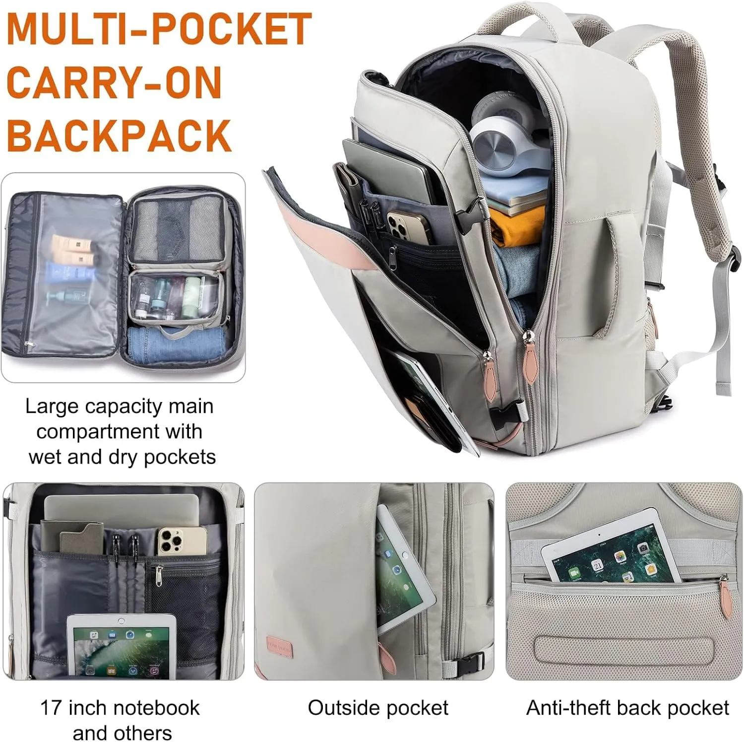 LOVEVOOK Carry on Backpack, 40L Travel Backpack for Women Men Airline Approved, Expandable Large Suitcase Backpacks With 4 Packing Cubes, Aer Travel Pack 3, Water Resistant Weekender Bag
