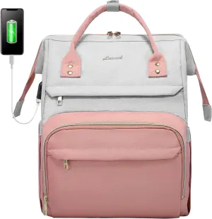 LOVEVOOK Laptop Backpack for Women Fashion Business Computer Backpacks Travel Bags Purse Doctor Nurse Work Backpack with USB Port, Fits 17-Inch Laptop, Light Grey-Pink