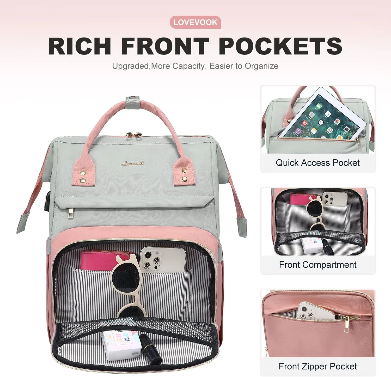 LOVEVOOK Laptop Backpack for Women Fashion Business Computer Backpacks Travel Bags Purse Doctor Nurse Work Backpack with USB Port, Fits 17-Inch Laptop, Light Grey-Pink