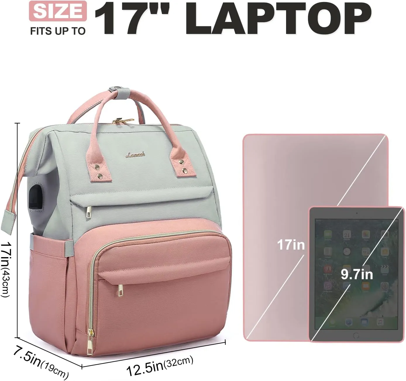 LOVEVOOK Laptop Backpack for Women Fashion Business Computer Backpacks Travel Bags Purse Doctor Nurse Work Backpack with USB Port, Fits 17-Inch Laptop, Light Grey-Pink