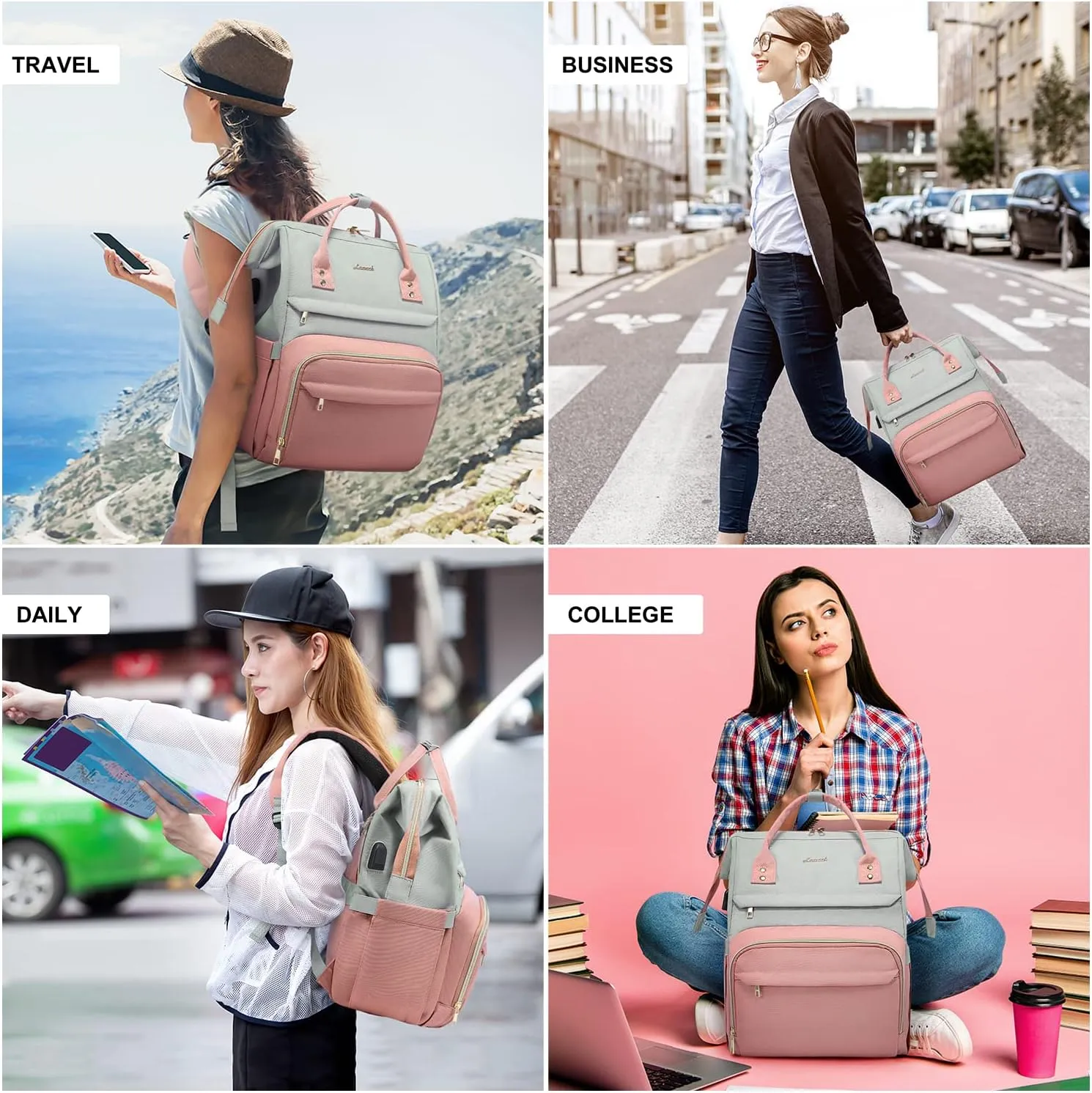 LOVEVOOK Laptop Backpack for Women Fashion Business Computer Backpacks Travel Bags Purse Doctor Nurse Work Backpack with USB Port, Fits 17-Inch Laptop, Light Grey-Pink
