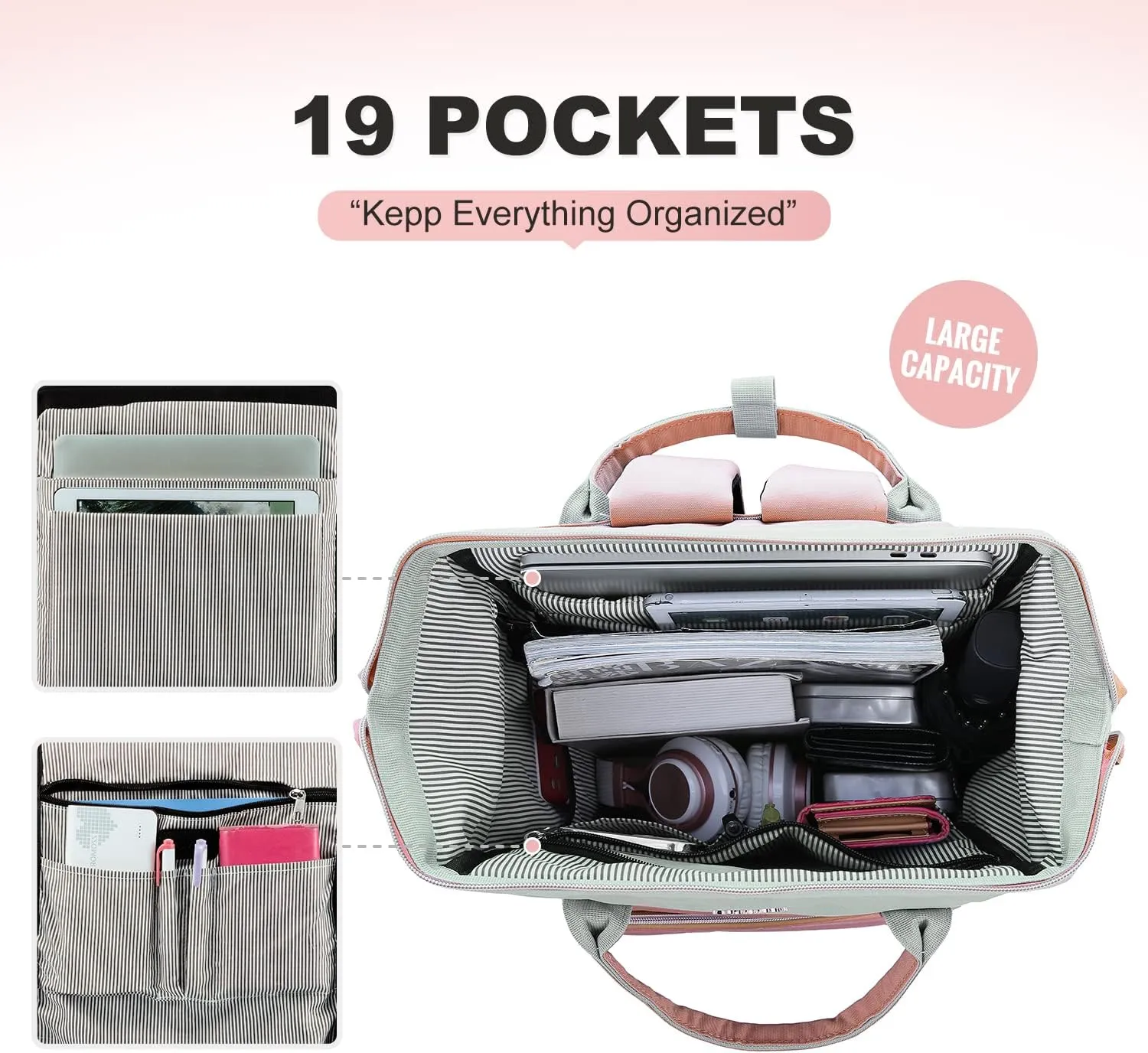 LOVEVOOK Laptop Backpack for Women Fashion Business Computer Backpacks Travel Bags Purse Doctor Nurse Work Backpack with USB Port, Fits 17-Inch Laptop, Light Grey-Pink
