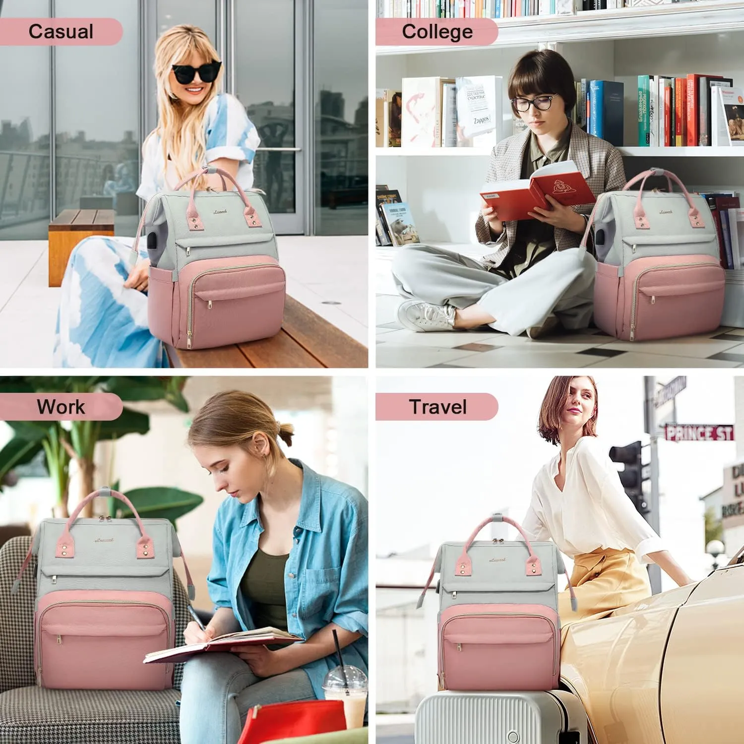 LOVEVOOK Laptop Backpack for Women Fashion Business Computer Backpacks Travel Bags Purse Doctor Nurse Work Backpack with USB Port, Fits 17-Inch Laptop, Light Grey-Pink