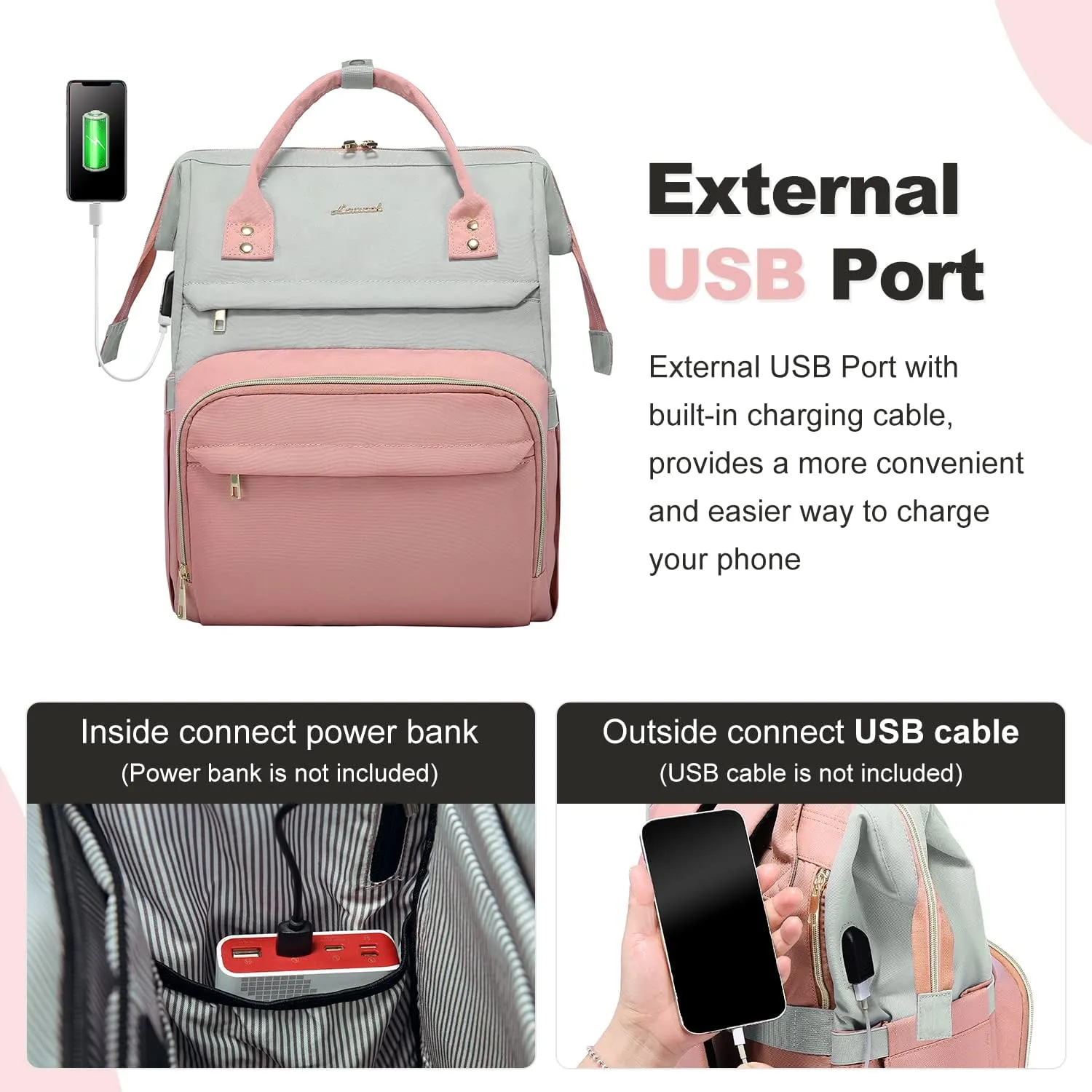 LOVEVOOK Laptop Backpack for Women Fashion Business Computer Backpacks Travel Bags Purse Doctor Nurse Work Backpack with USB Port, Fits 17-Inch Laptop, Light Grey-Pink
