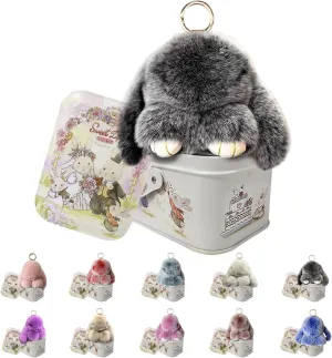 Lulu Bunny Keychain Keychain with Tin, BunnyLulu Handmade Soft Bunny PomPom Plush Charms for Birthday Gift