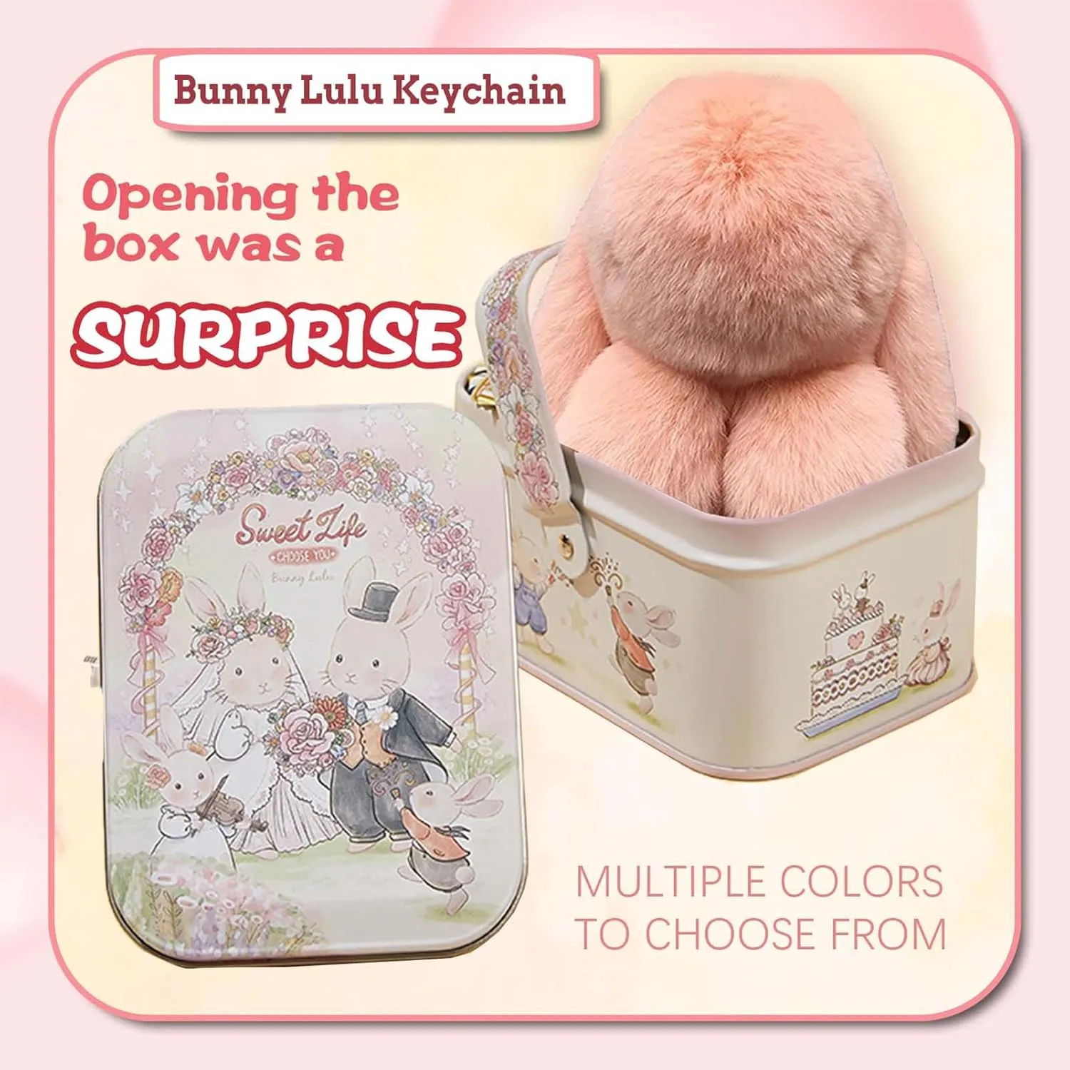 Lulu Bunny Keychain Keychain with Tin, BunnyLulu Handmade Soft Bunny PomPom Plush Charms for Birthday Gift