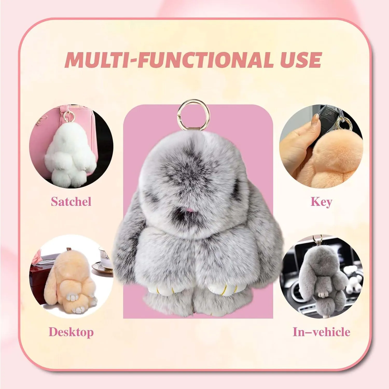 Lulu Bunny Keychain Keychain with Tin, BunnyLulu Handmade Soft Bunny PomPom Plush Charms for Birthday Gift