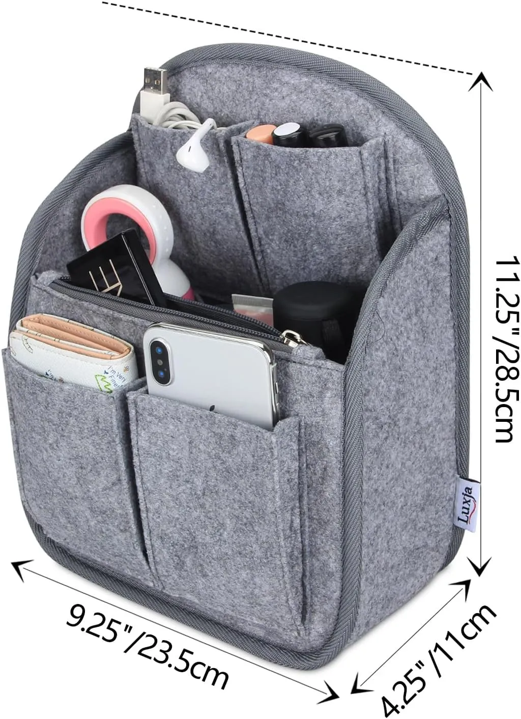 LUXJA Mini Backpack Organizer, Small Felt Organizer Insert for Backpack, Gray