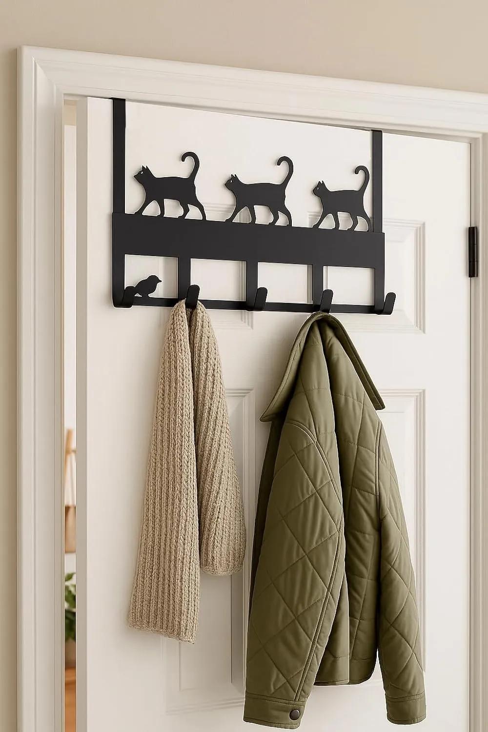 Mango Steam Over-The-Door Organizer Hanger for Towels, Hats, Hoodies, Coats, Backpacks, & Keys (Cat, Black)