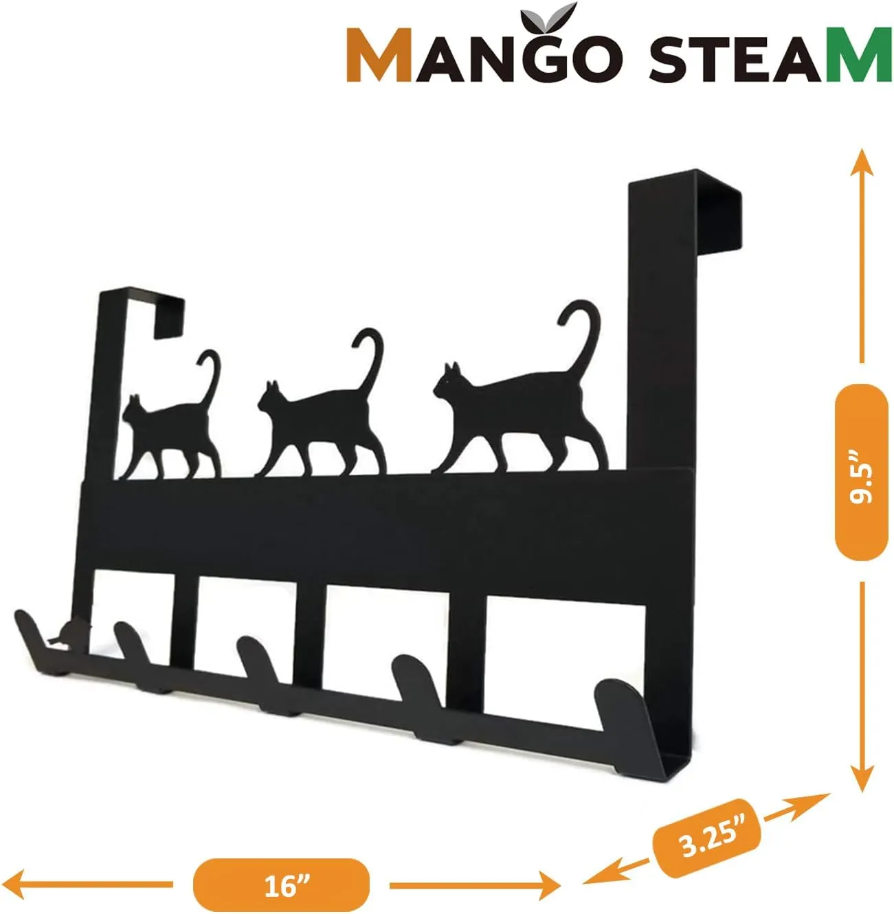 Mango Steam Over-The-Door Organizer Hanger for Towels, Hats, Hoodies, Coats, Backpacks, & Keys (Cat, Black)