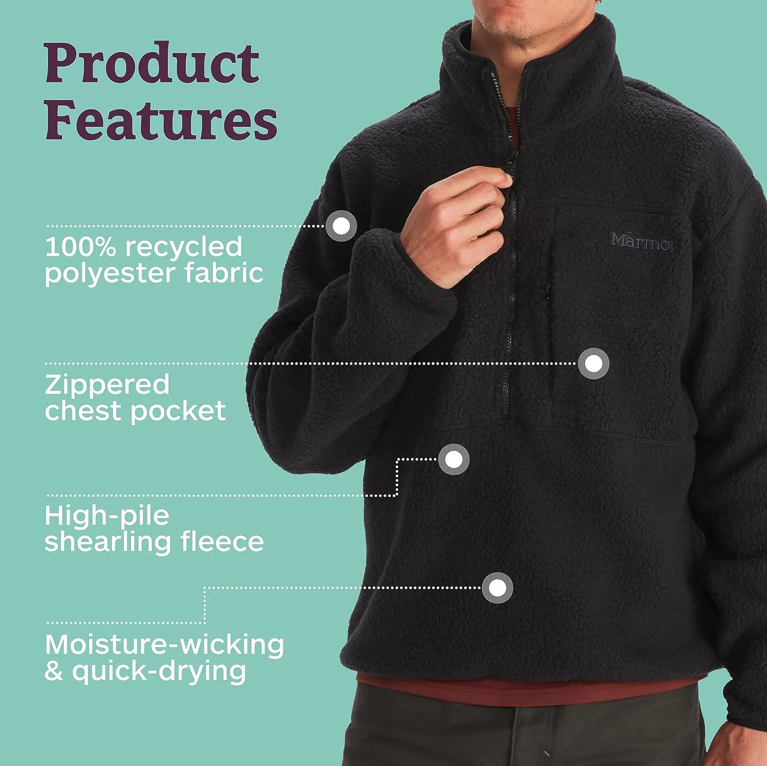 MARMOT Men's Aros 1/2 Zip Jacket - Sherpa Fleece with Retro Style