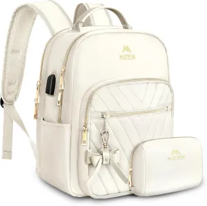 MATEIN Cute Backpacks for Women, Mini Stylish Daypack Purse with USB Charging Port, Waterproof Anti-theft Travel Casual Daily Rucksack Shoulder Handbag for Work College Dating, 2pcs Sets, Beige