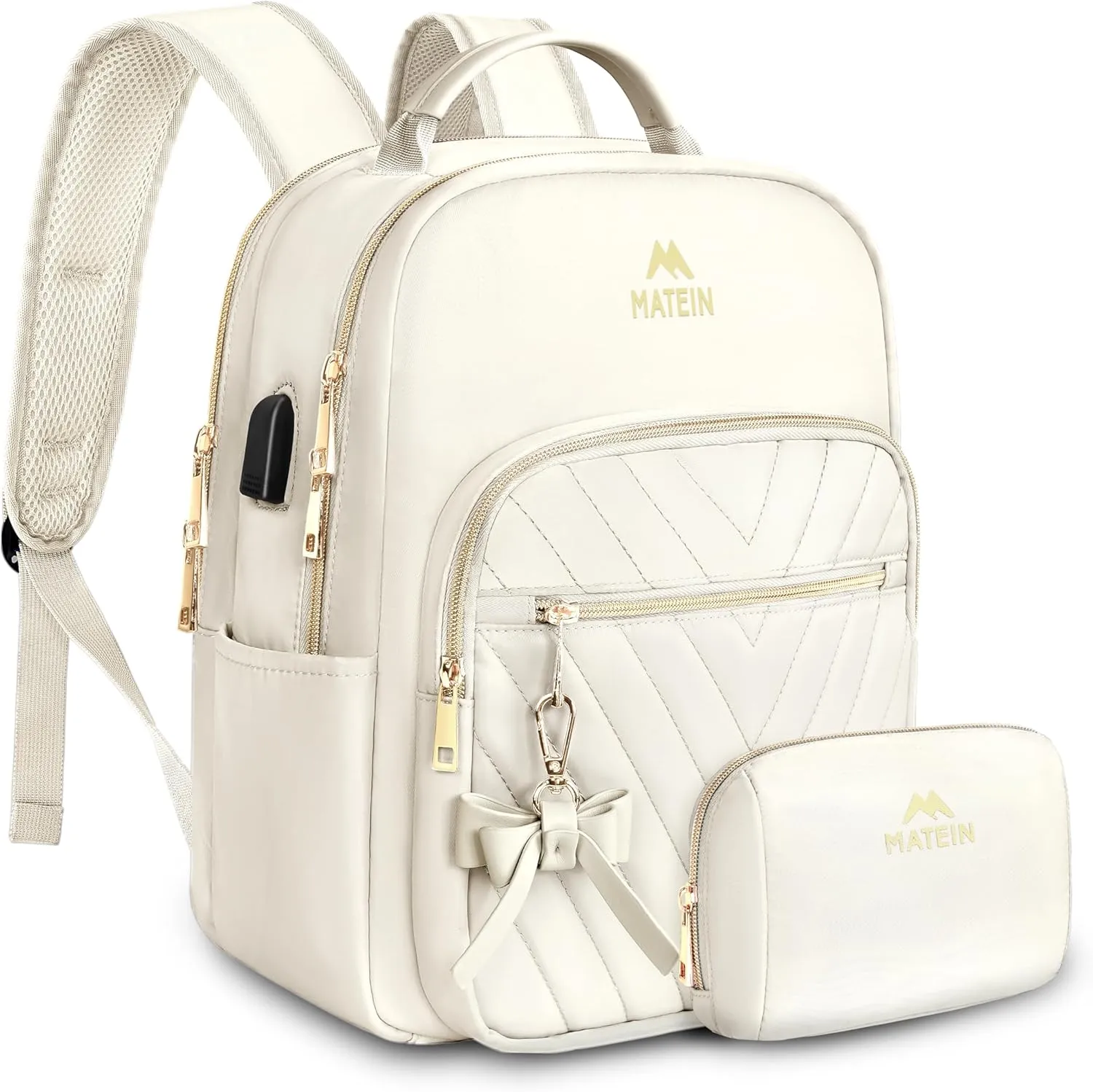 MATEIN Cute Backpacks for Women, Mini Stylish Daypack Purse with USB Charging Port, Waterproof Anti-theft Travel Casual Daily Rucksack Shoulder Handbag for Work College Dating, 2pcs Sets, Beige
