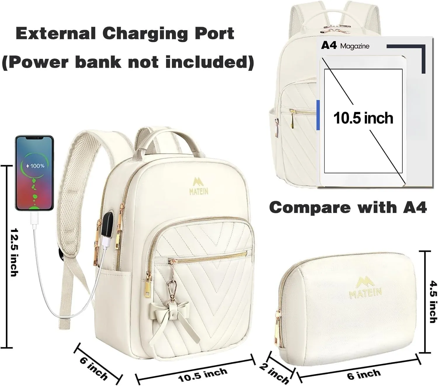 MATEIN Cute Backpacks for Women, Mini Stylish Daypack Purse with USB Charging Port, Waterproof Anti-theft Travel Casual Daily Rucksack Shoulder Handbag for Work College Dating, 2pcs Sets, Beige