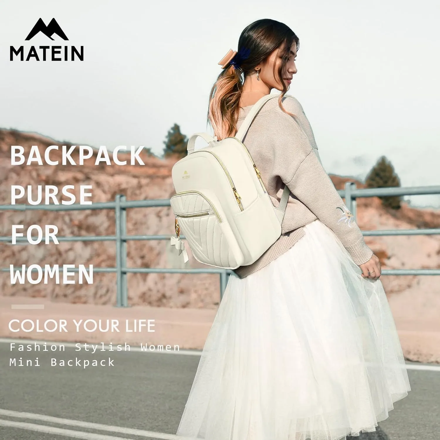 MATEIN Cute Backpacks for Women, Mini Stylish Daypack Purse with USB Charging Port, Waterproof Anti-theft Travel Casual Daily Rucksack Shoulder Handbag for Work College Dating, 2pcs Sets, Beige