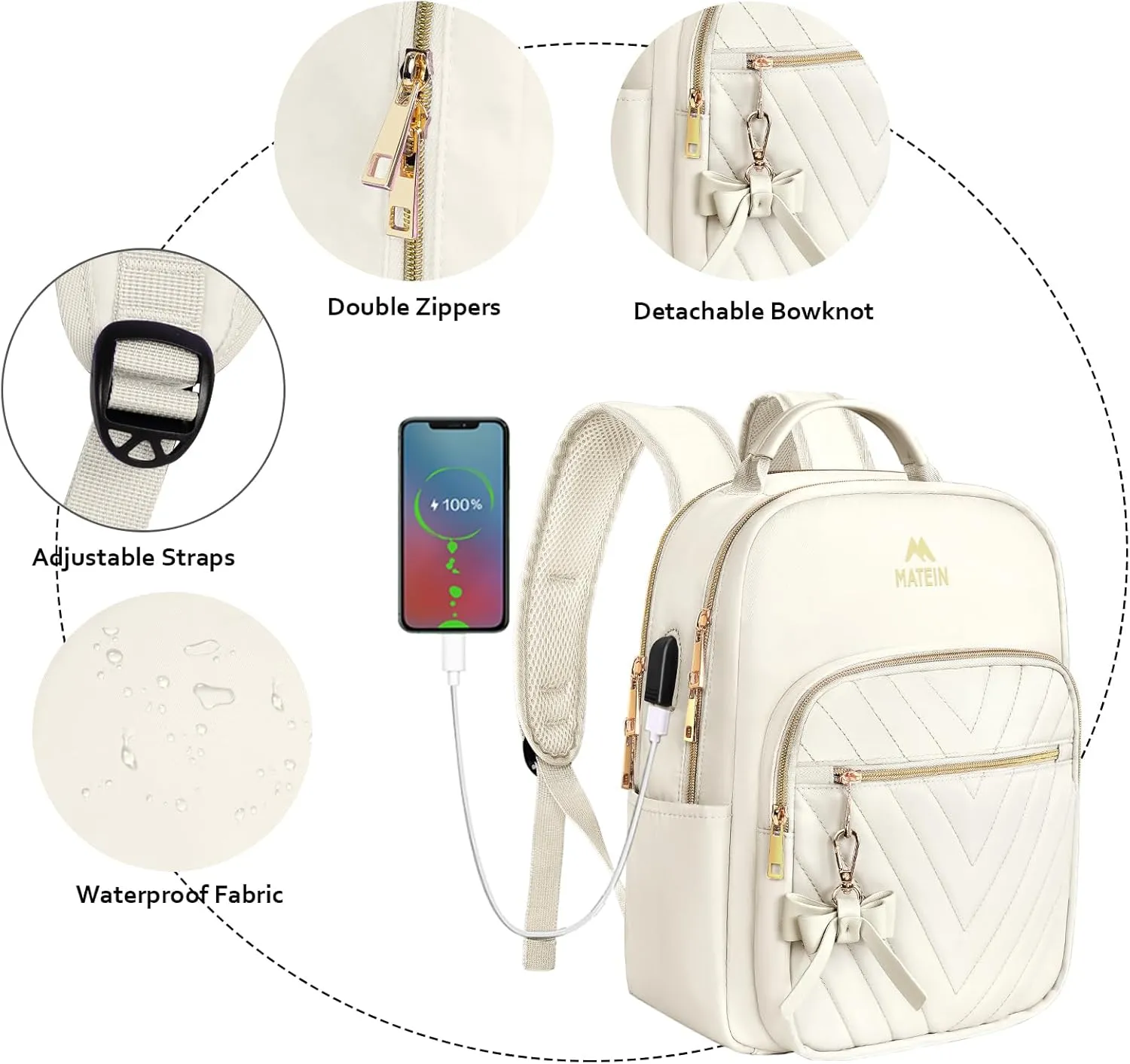 MATEIN Cute Backpacks for Women, Mini Stylish Daypack Purse with USB Charging Port, Waterproof Anti-theft Travel Casual Daily Rucksack Shoulder Handbag for Work College Dating, 2pcs Sets, Beige