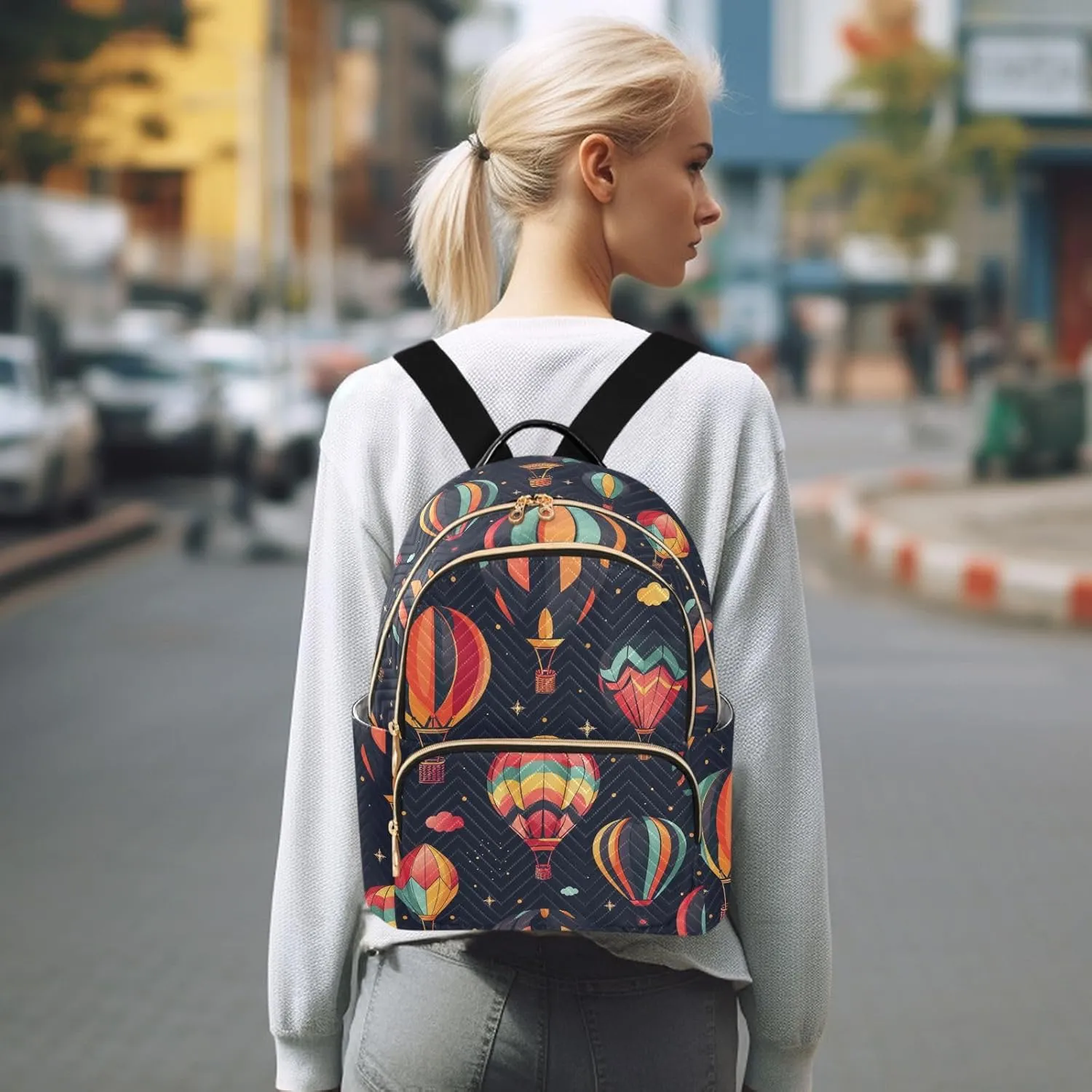 MCHIVER Black Hot Air Balloon Backpack Purse for Women Fashion Backpack Mini Daypack Lady Travel Back Packs 11.41 * 15.5 * 14.17 In