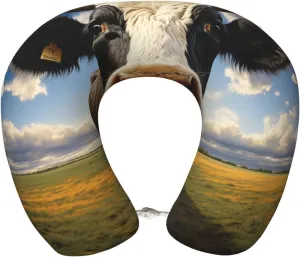 Memory Foam Travel Pillow Soft U-Shaped Neck Pillow Comfortable Prairie Cow Head Support Pillow Travel Accessories for Sleeping Rest Airplane Car and Office
