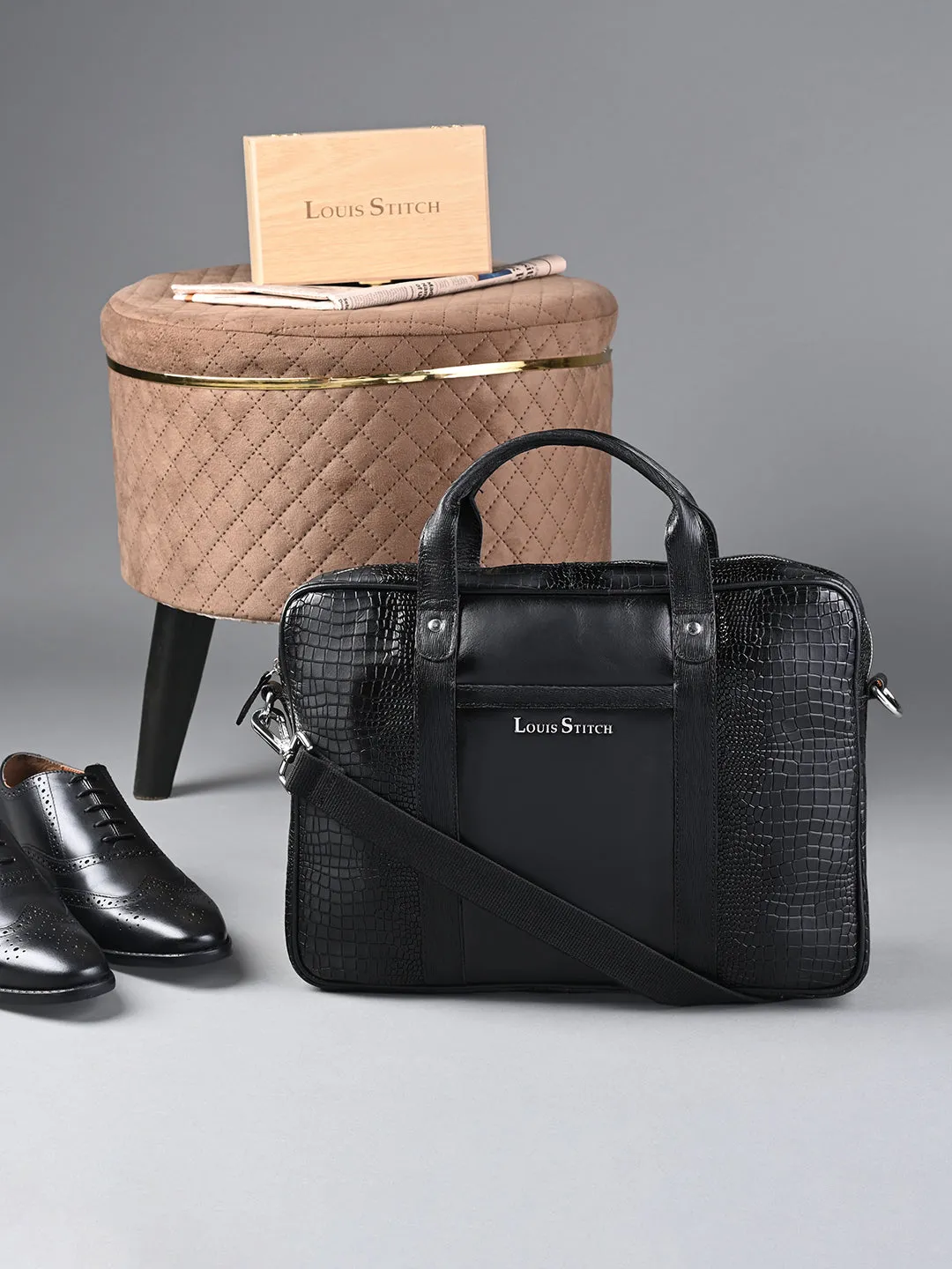 Men's Black Italian Leather Dual Tone Laptop Bag with Shoulder Strap