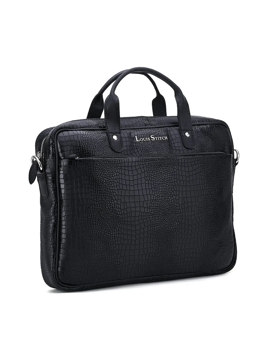 Men's Black Italian Leather Dual Tone Laptop Bag with Shoulder Strap