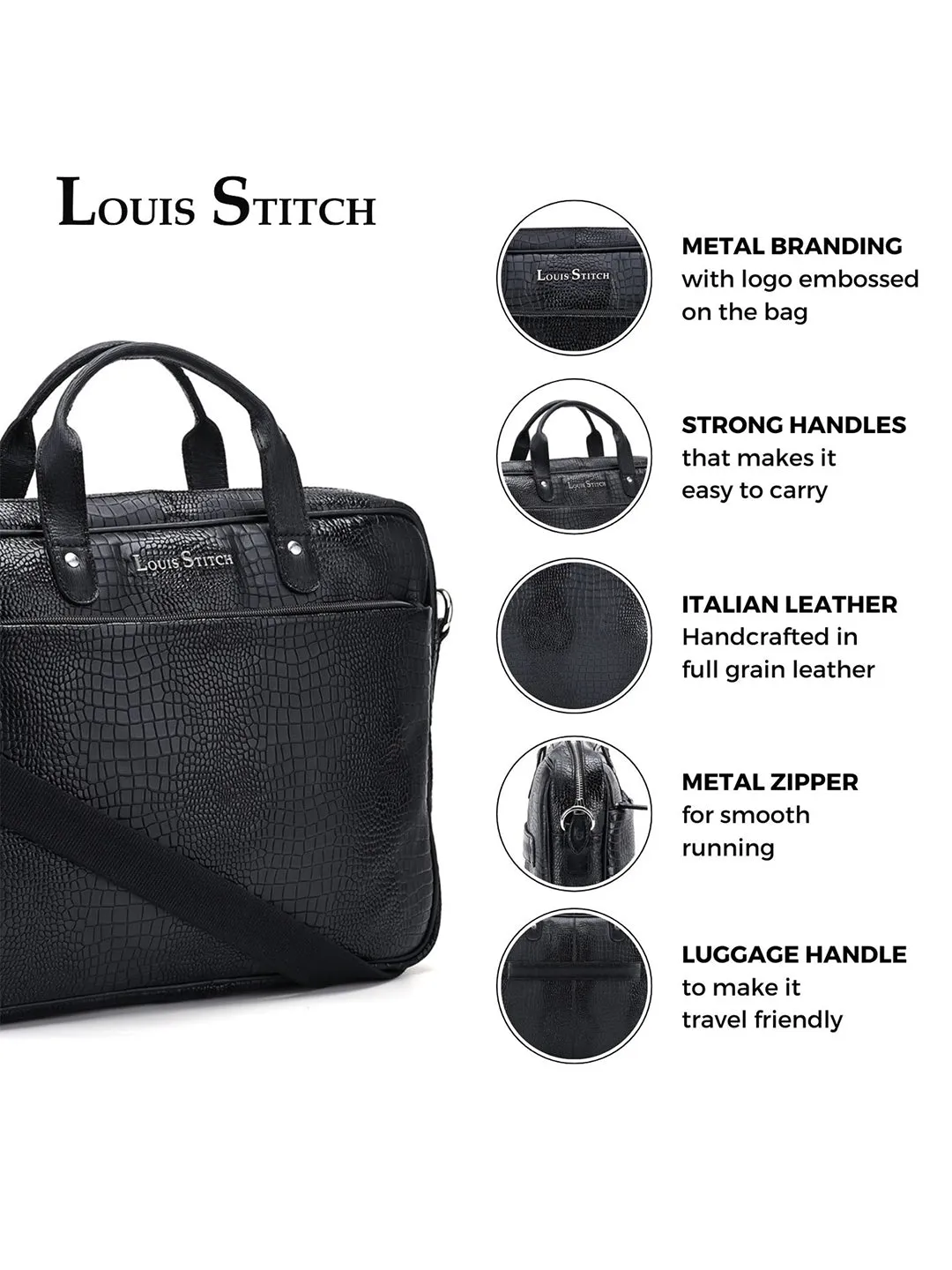 Men's Black Italian Leather Dual Tone Laptop Bag with Shoulder Strap