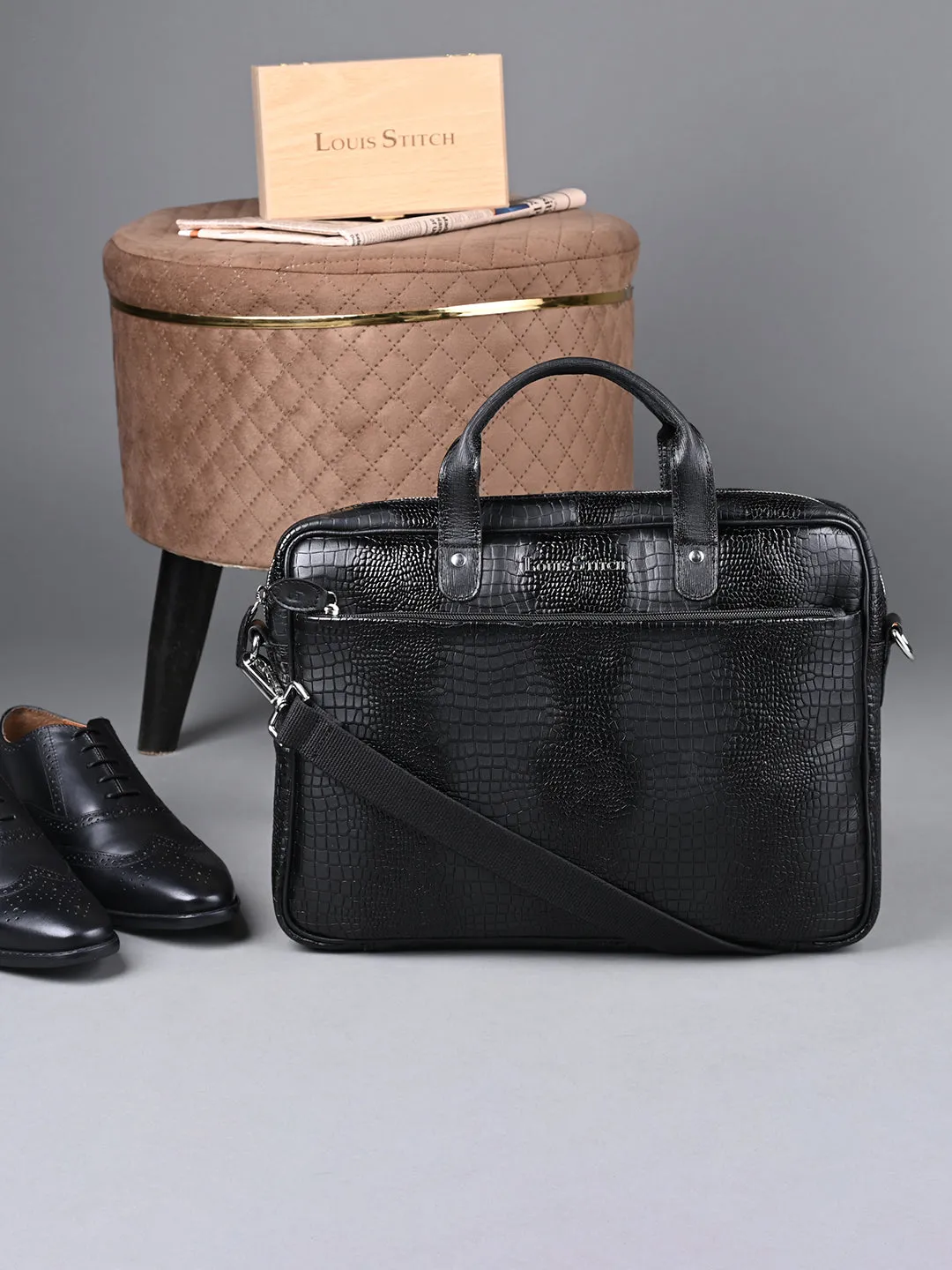 Men's Black Italian Leather Dual Tone Laptop Bag with Shoulder Strap