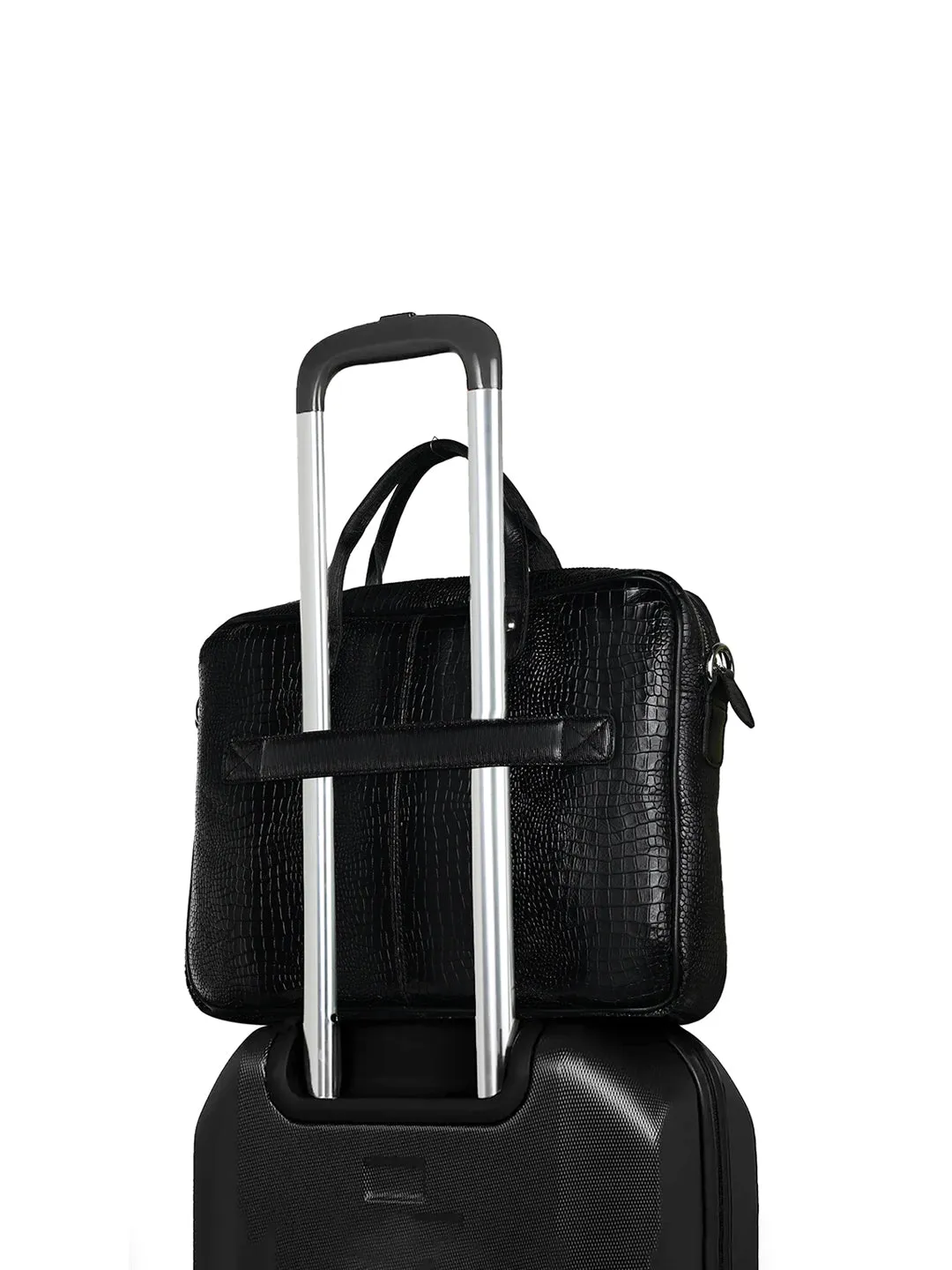 Men's Black Italian Leather Dual Tone Laptop Bag with Shoulder Strap