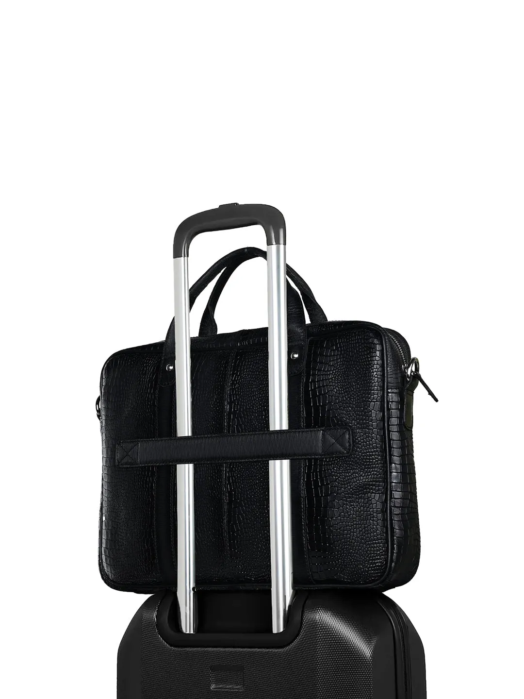 Men's Black Italian Leather Dual Tone Laptop Bag with Shoulder Strap