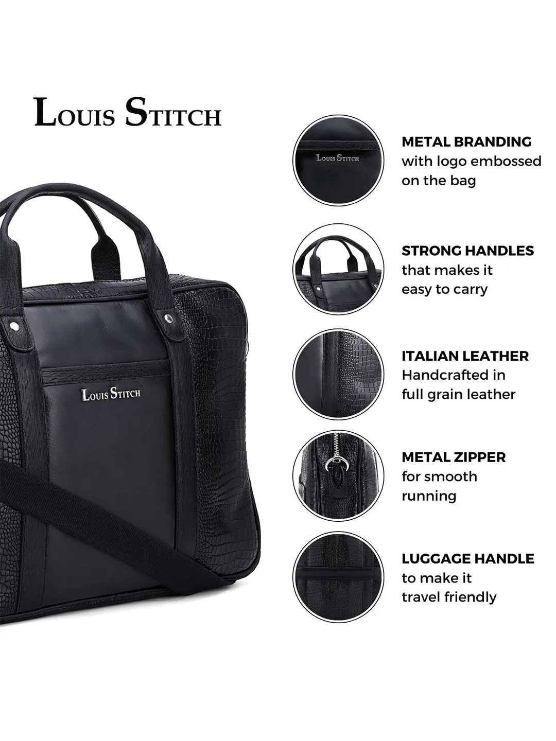 Men's Black Italian Leather Dual Tone Laptop Bag with Shoulder Strap