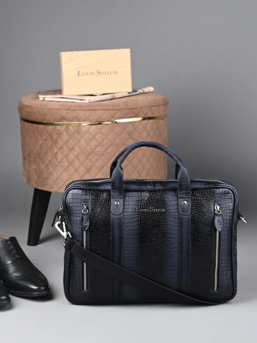 Men's Blue Italian Leather Dual Tone Laptop Bag with Shoulder Strap