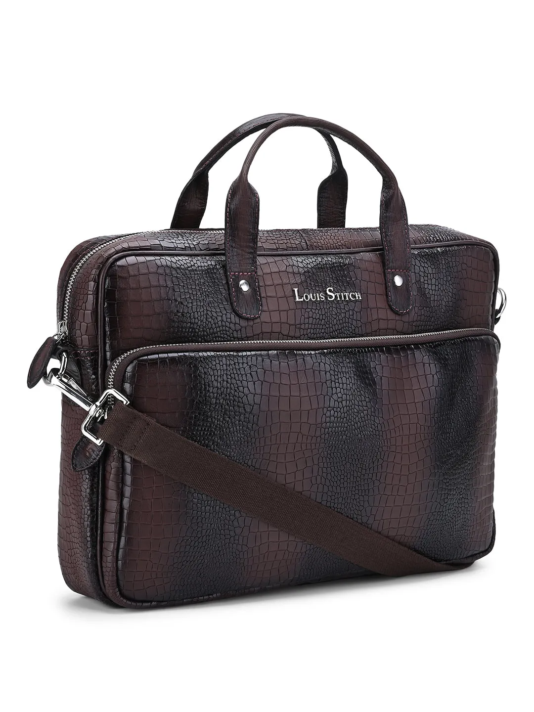 Men's Brown Italian Leather Dual Tone Laptop Bag with Shoulder Strap