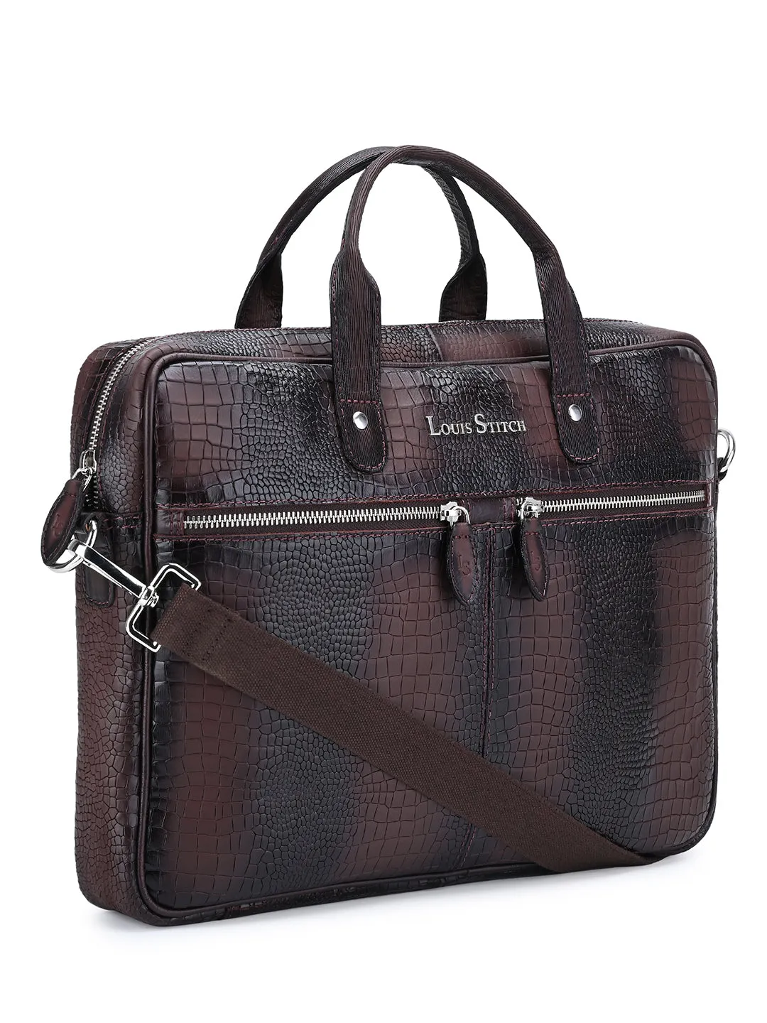 Men's Brown Italian Leather Dual Tone Laptop Bag with Shoulder Strap