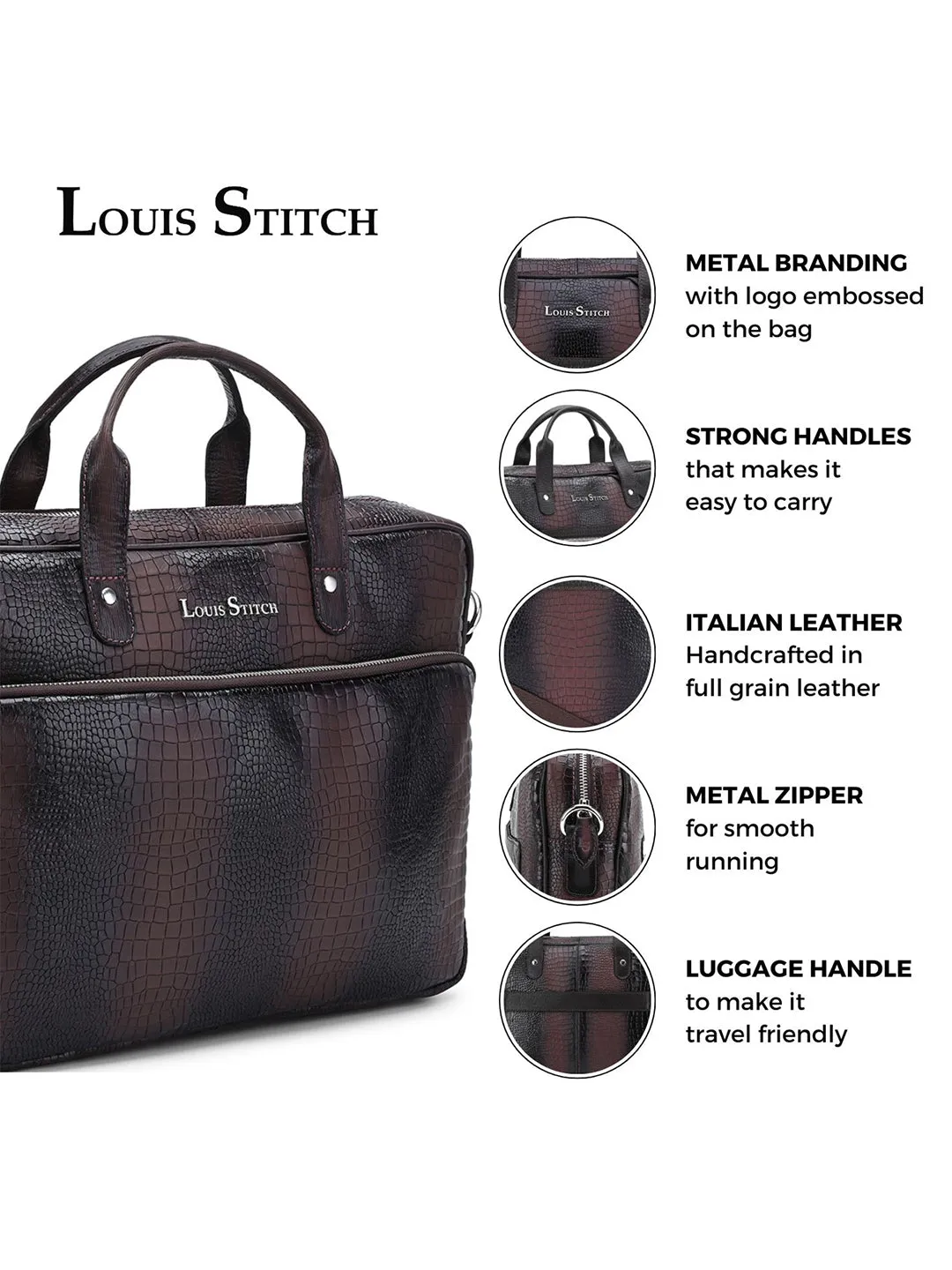 Men's Brown Italian Leather Dual Tone Laptop Bag with Shoulder Strap