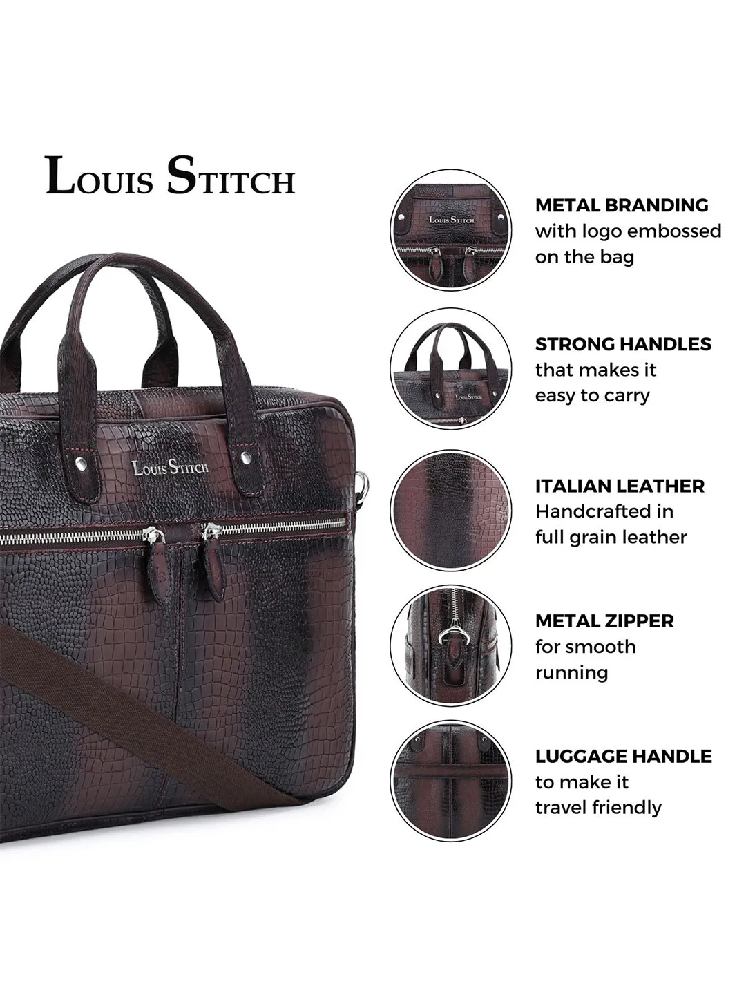 Men's Brown Italian Leather Dual Tone Laptop Bag with Shoulder Strap