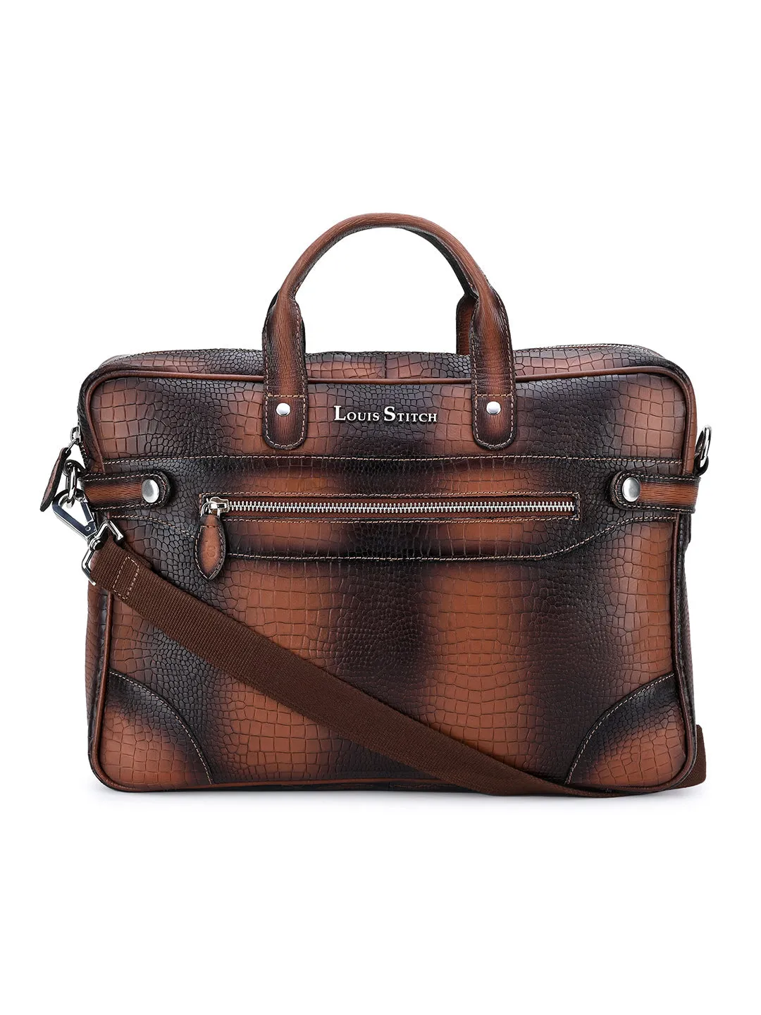 Men's Tan Italian Leather Dual Tone Laptop Bag with Shoulder Strap