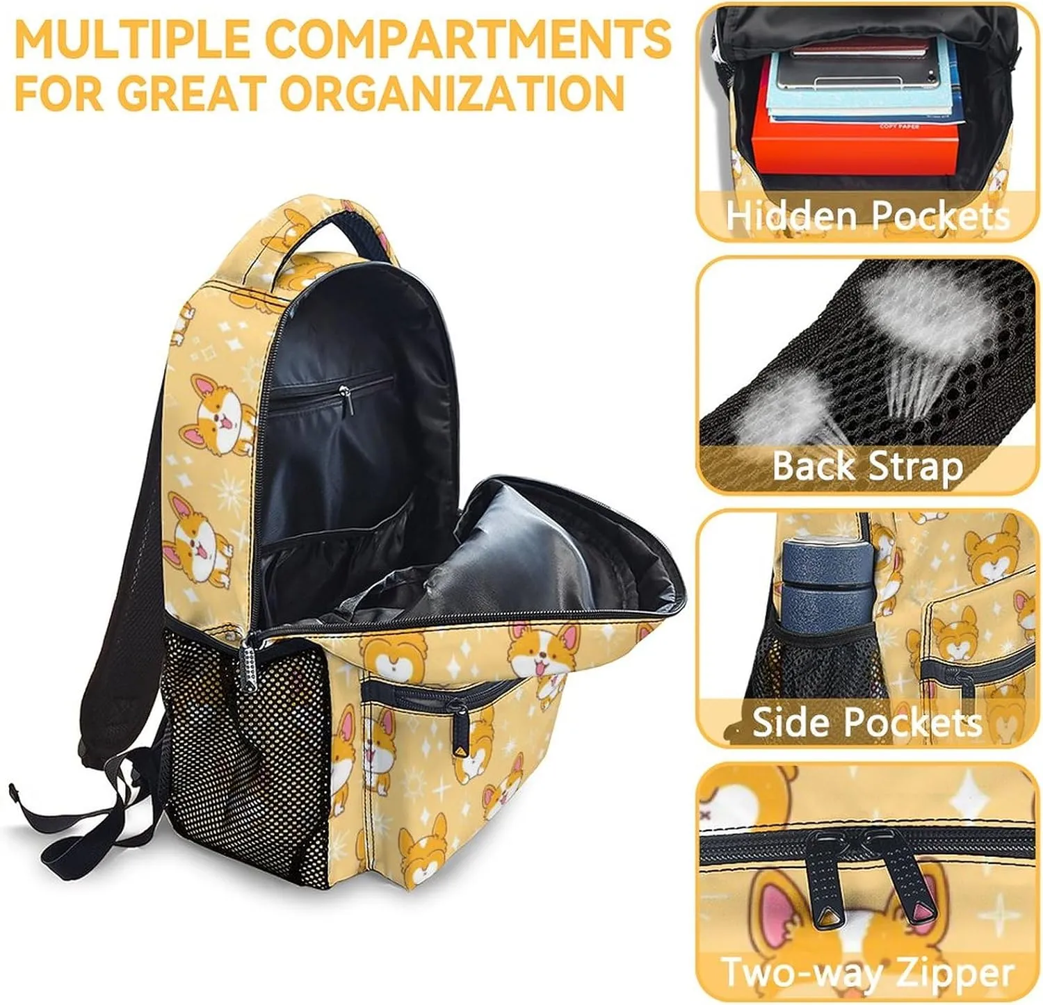 Mercuryelf Corgi Backpack for Girls Boys - 16 Inch Yellow Backpacks for School - Cute Lightweight Bookbag for Kids