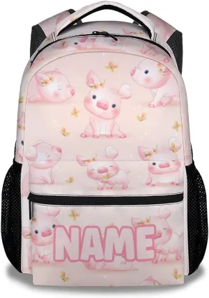 Mercuryelf Personalized Pig Backpack for Girls Boys, 16 Inch Pink Backpacks for School, Cute Iightweight Bookbag for Kids