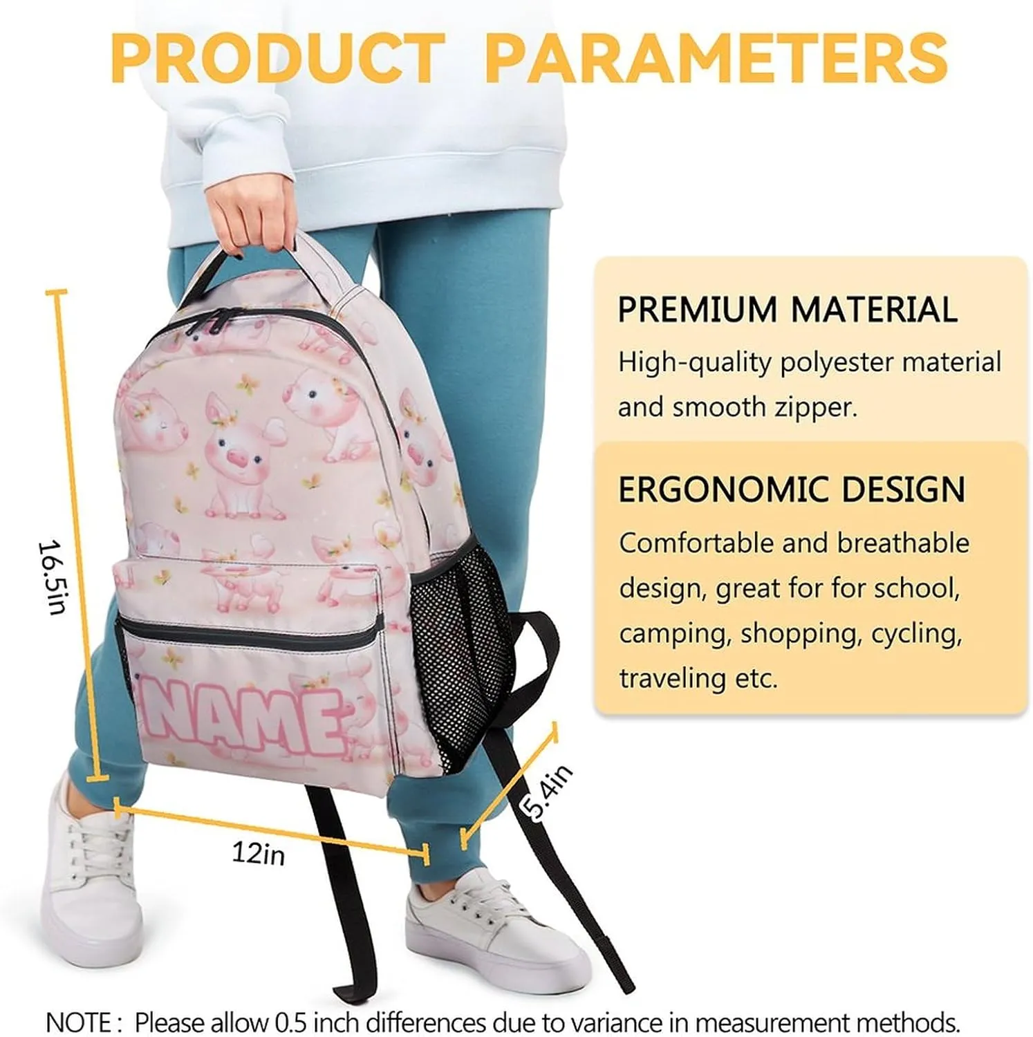 Mercuryelf Personalized Pig Backpack for Girls Boys, 16 Inch Pink Backpacks for School, Cute Iightweight Bookbag for Kids