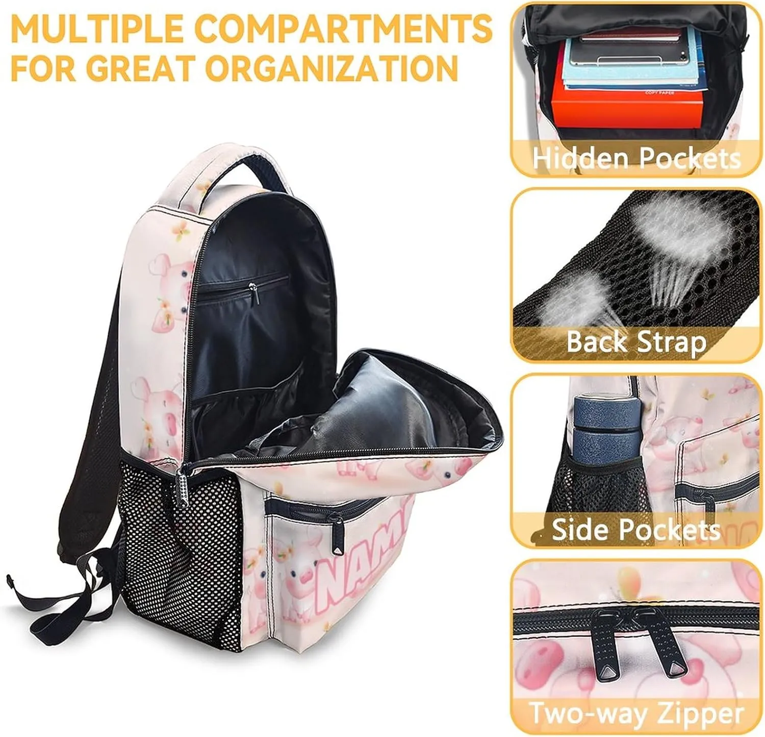 Mercuryelf Personalized Pig Backpack for Girls Boys, 16 Inch Pink Backpacks for School, Cute Iightweight Bookbag for Kids