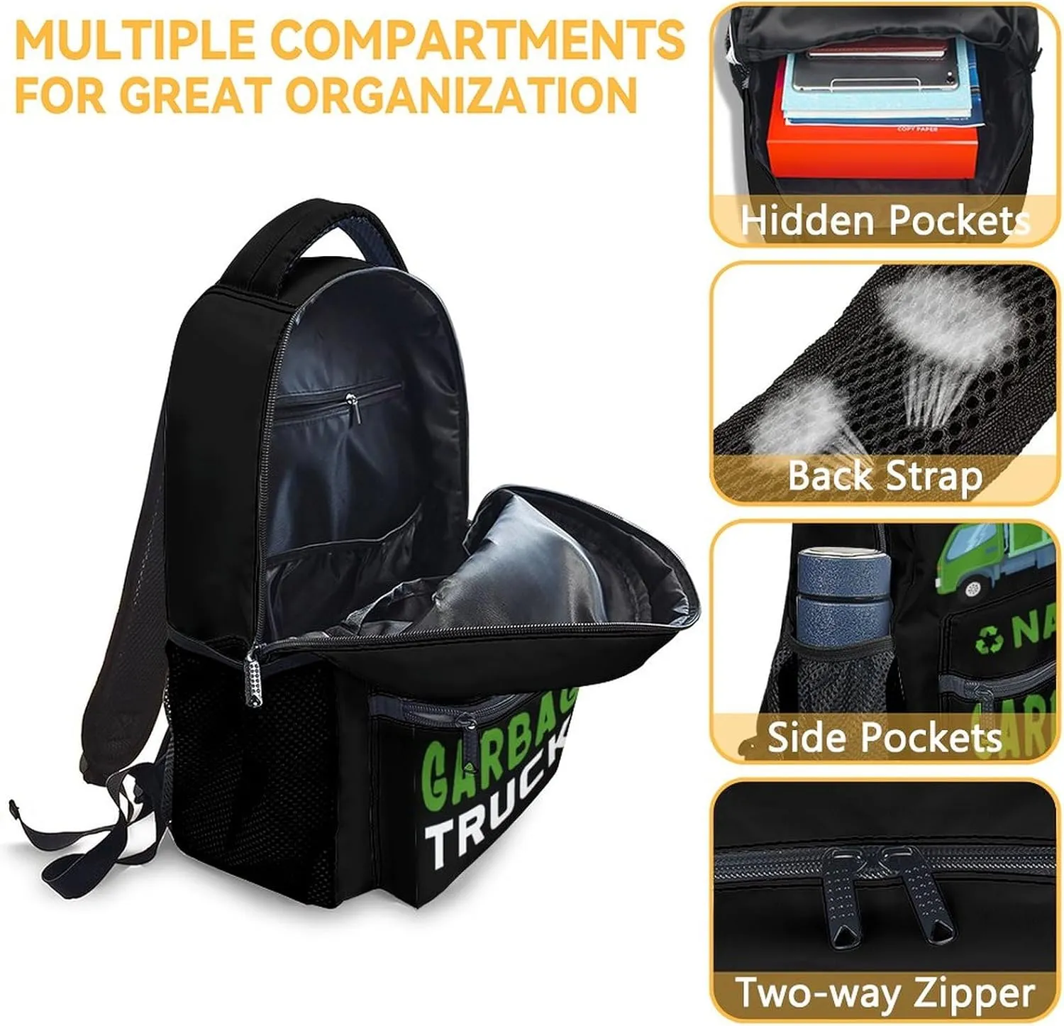 Mercuryelf School Backpack for Boys - 17 Inch Large Capacity 3 in 1 Backpack with Lunch Bag Set - Custom Black Lightweight Durable Garbage Truck Bookbag