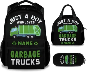 Mercuryelf School Backpack for Boys - 17 Inch Large Capacity 3 in 1 Backpack with Lunch Bag Set - Custom Black Lightweight Durable Garbage Truck Bookbag
