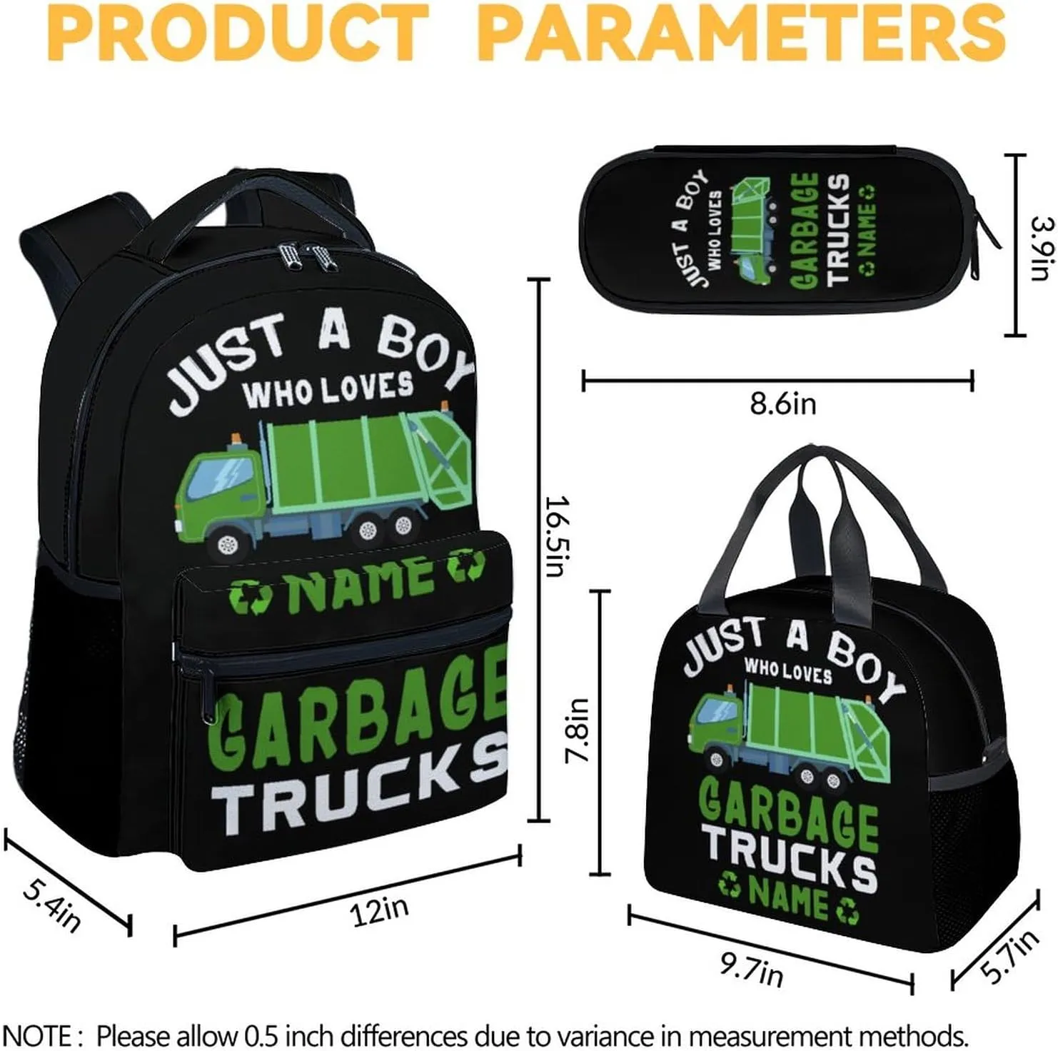 Mercuryelf School Backpack for Boys - 17 Inch Large Capacity 3 in 1 Backpack with Lunch Bag Set - Custom Black Lightweight Durable Garbage Truck Bookbag