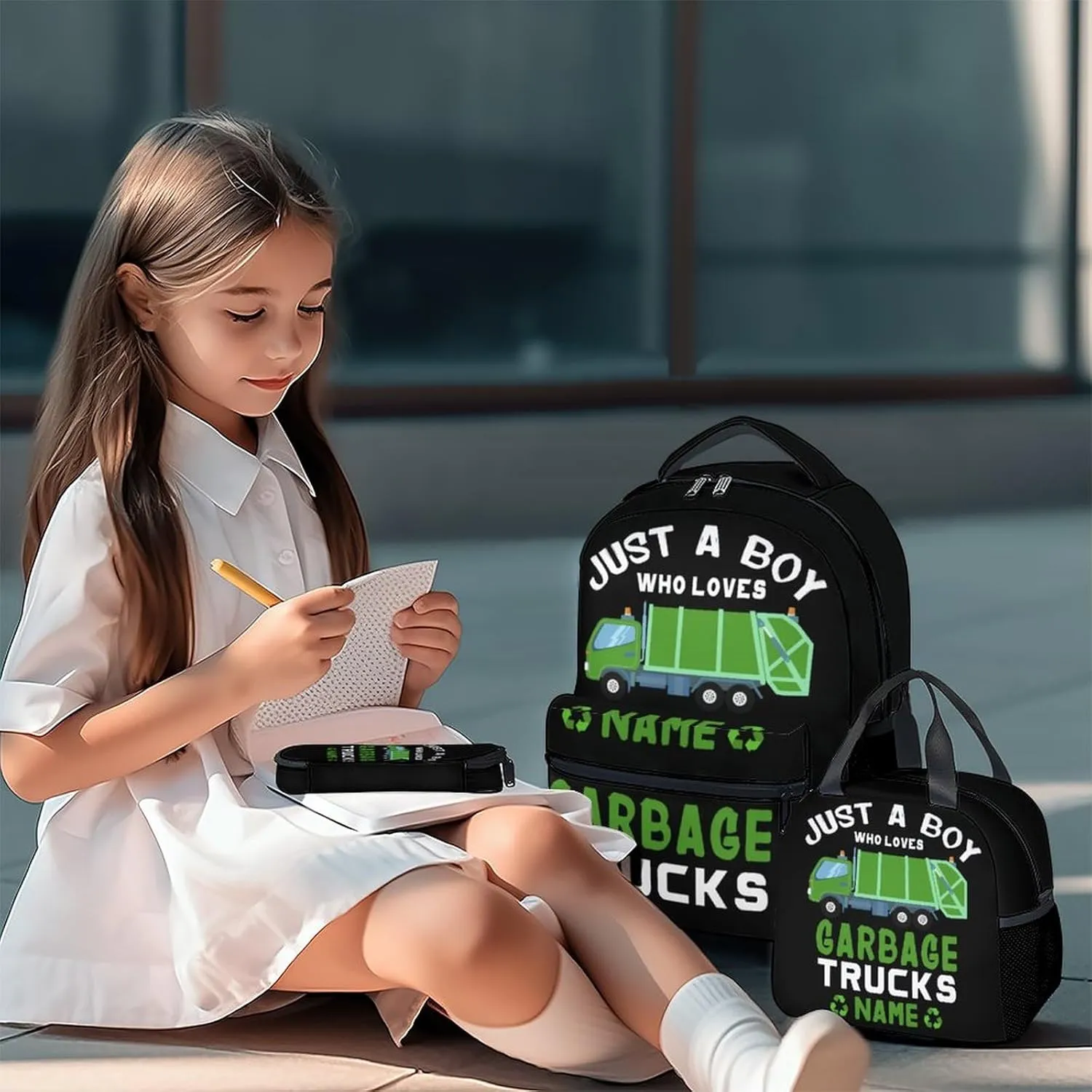 Mercuryelf School Backpack for Boys - 17 Inch Large Capacity 3 in 1 Backpack with Lunch Bag Set - Custom Black Lightweight Durable Garbage Truck Bookbag