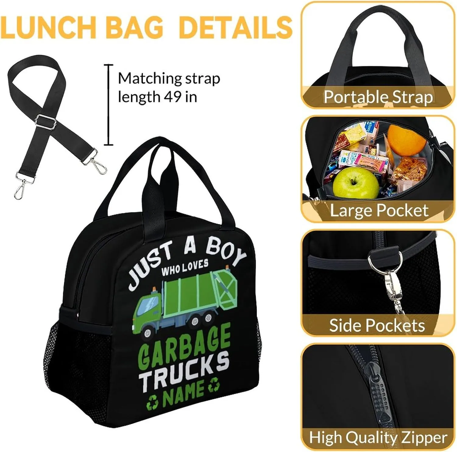 Mercuryelf School Backpack for Boys - 17 Inch Large Capacity 3 in 1 Backpack with Lunch Bag Set - Custom Black Lightweight Durable Garbage Truck Bookbag
