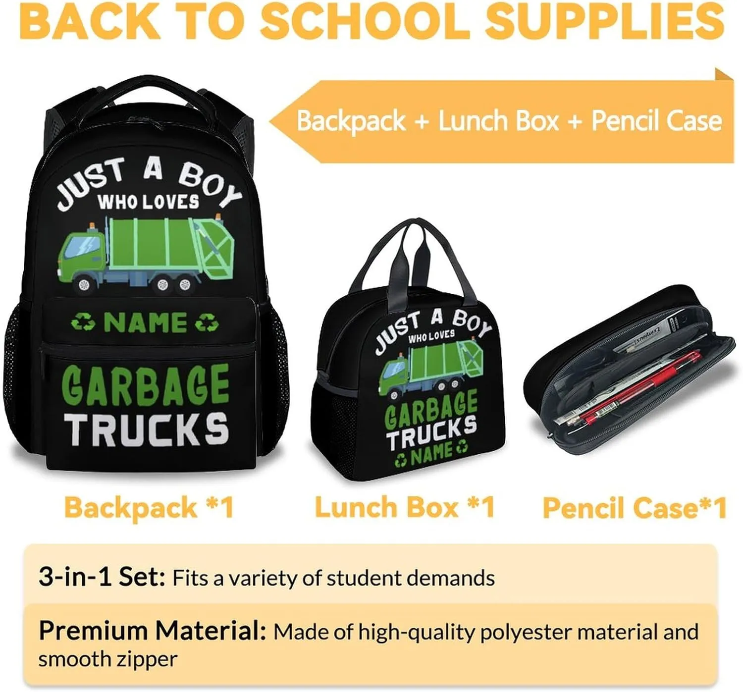 Mercuryelf School Backpack for Boys - 17 Inch Large Capacity 3 in 1 Backpack with Lunch Bag Set - Custom Black Lightweight Durable Garbage Truck Bookbag