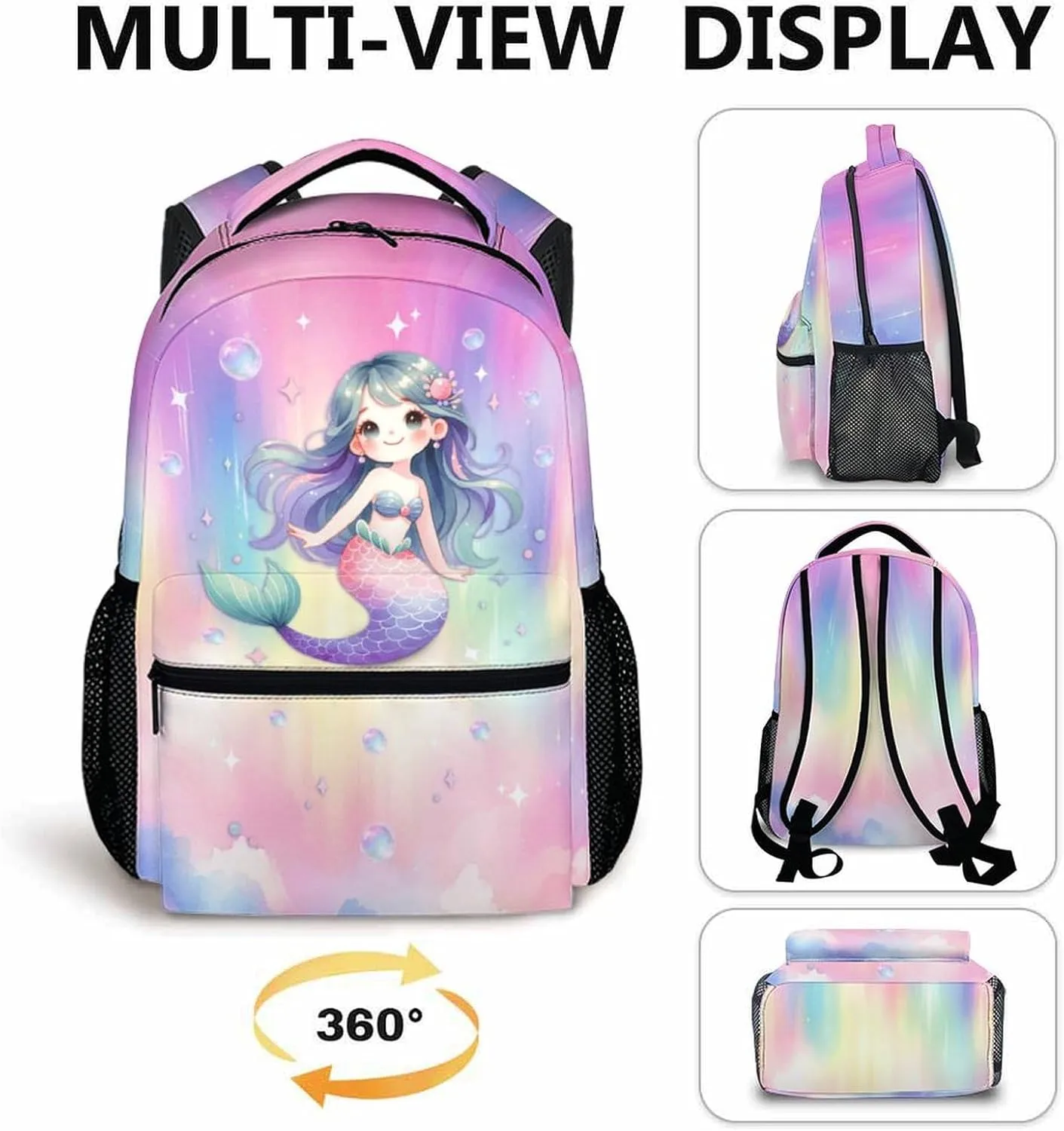 Mermaid Backpack for Girls 4-6, 17 Inch Bookbag for kids, Mermaid Schoolbag for School Kindergarten Preschool Elementary, Backpacks for School Travel
