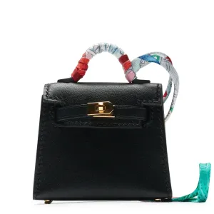 Micro Kelly Twilly Black Leather Bag Charm Gold Hardware